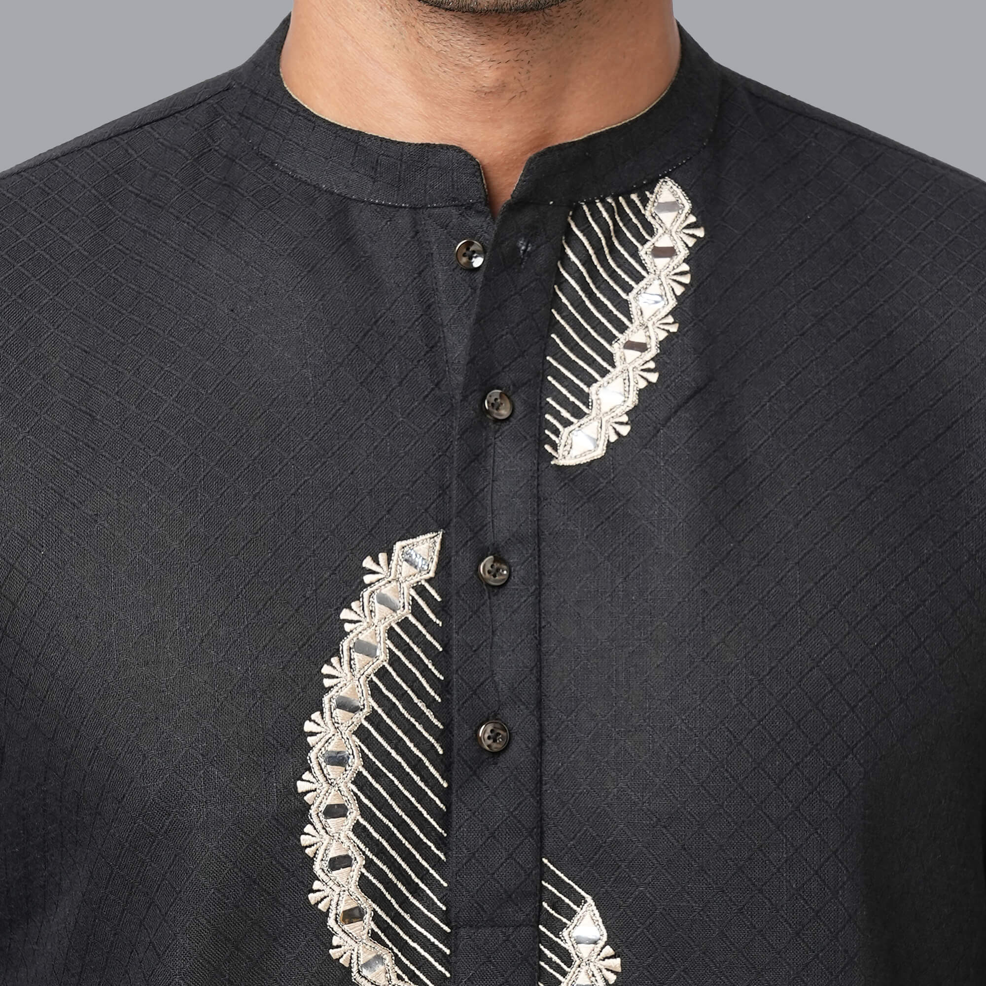 Black color poly cot jacquard embroidery men long kurta - Image 7