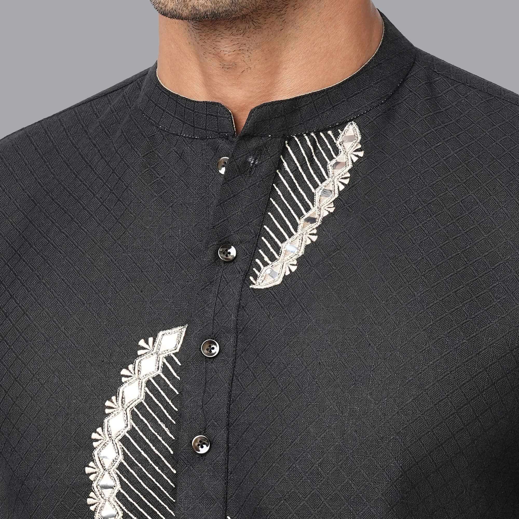 Black color poly cot jacquard embroidery men long kurta - Image 9