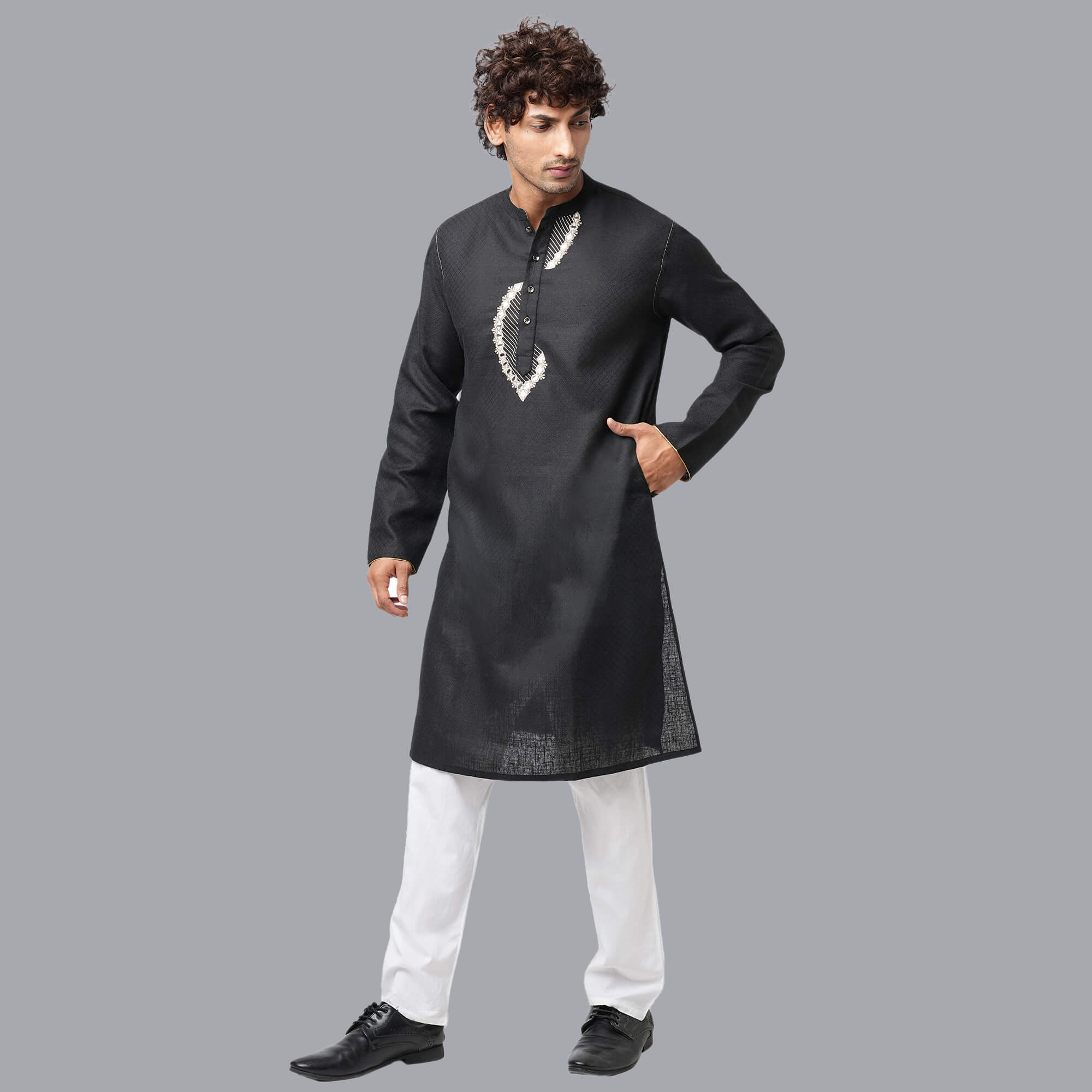 Black color poly cot jacquard embroidery men long kurta