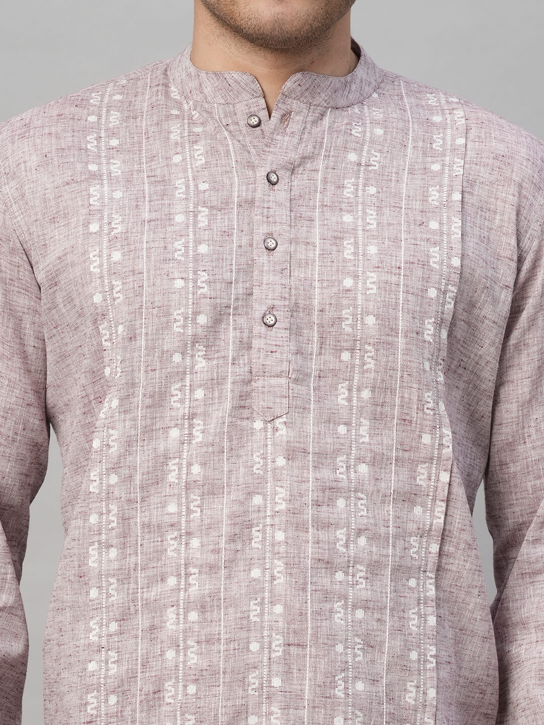 Lilac handloom dobby front, highlited with show stitches men short kurta - Image 4