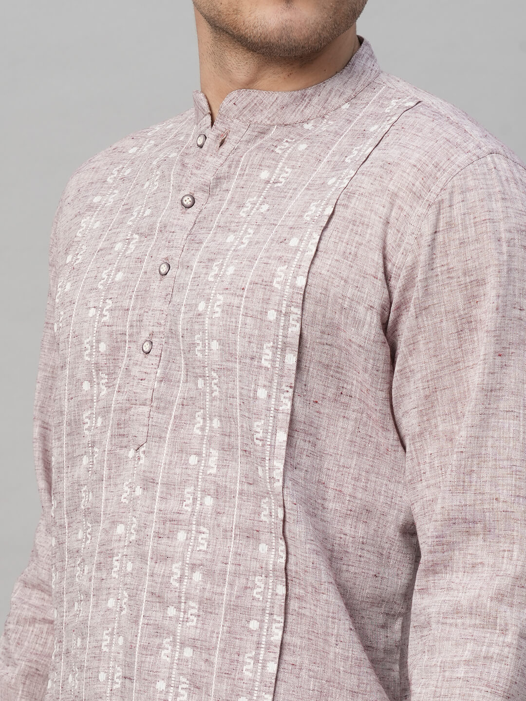 Lilac handloom dobby front, highlited with show stitches men short kurta - Image 5