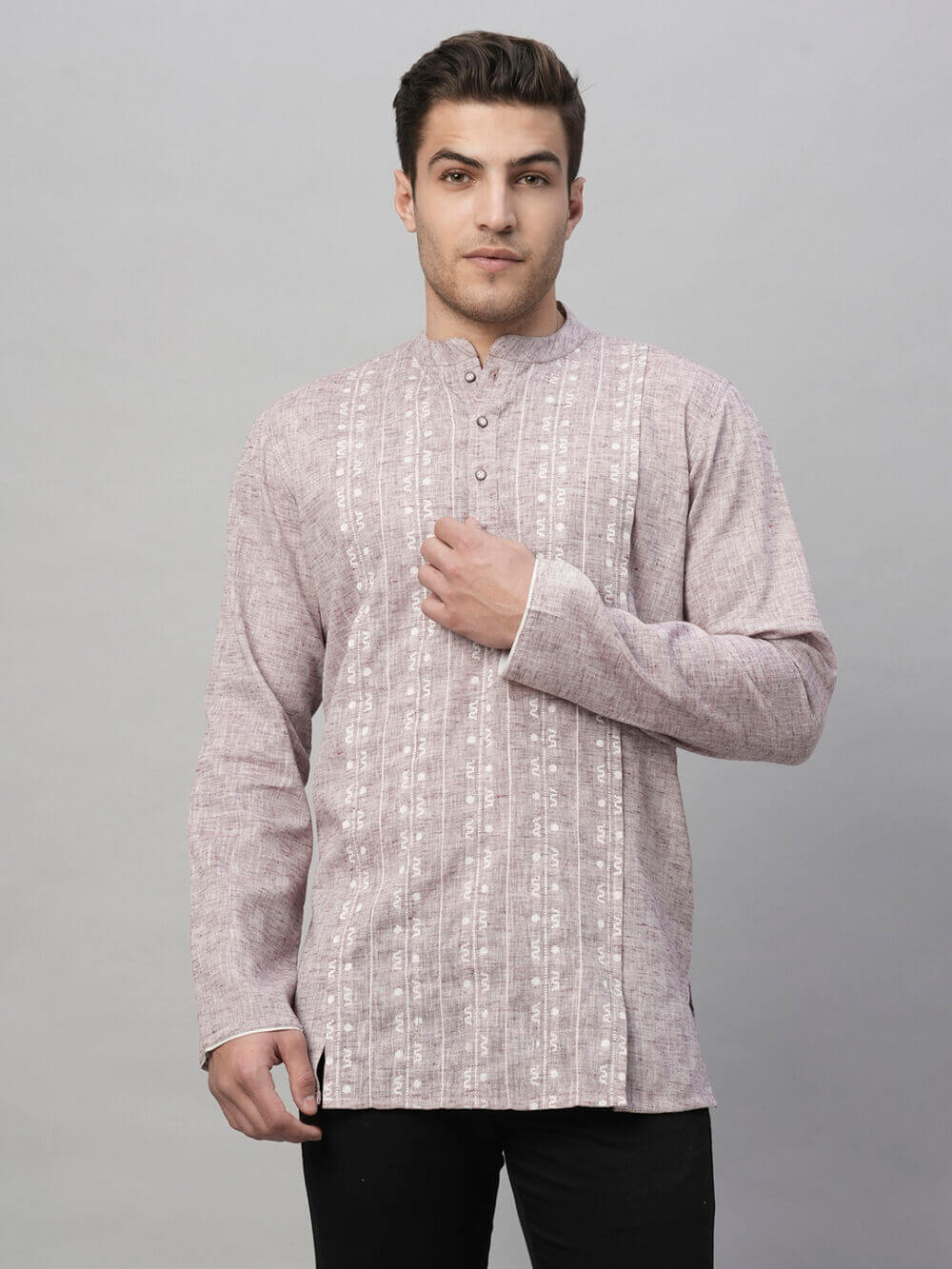 Lilac handloom dobby front, highlited with show stitches men short kurta - Image 2