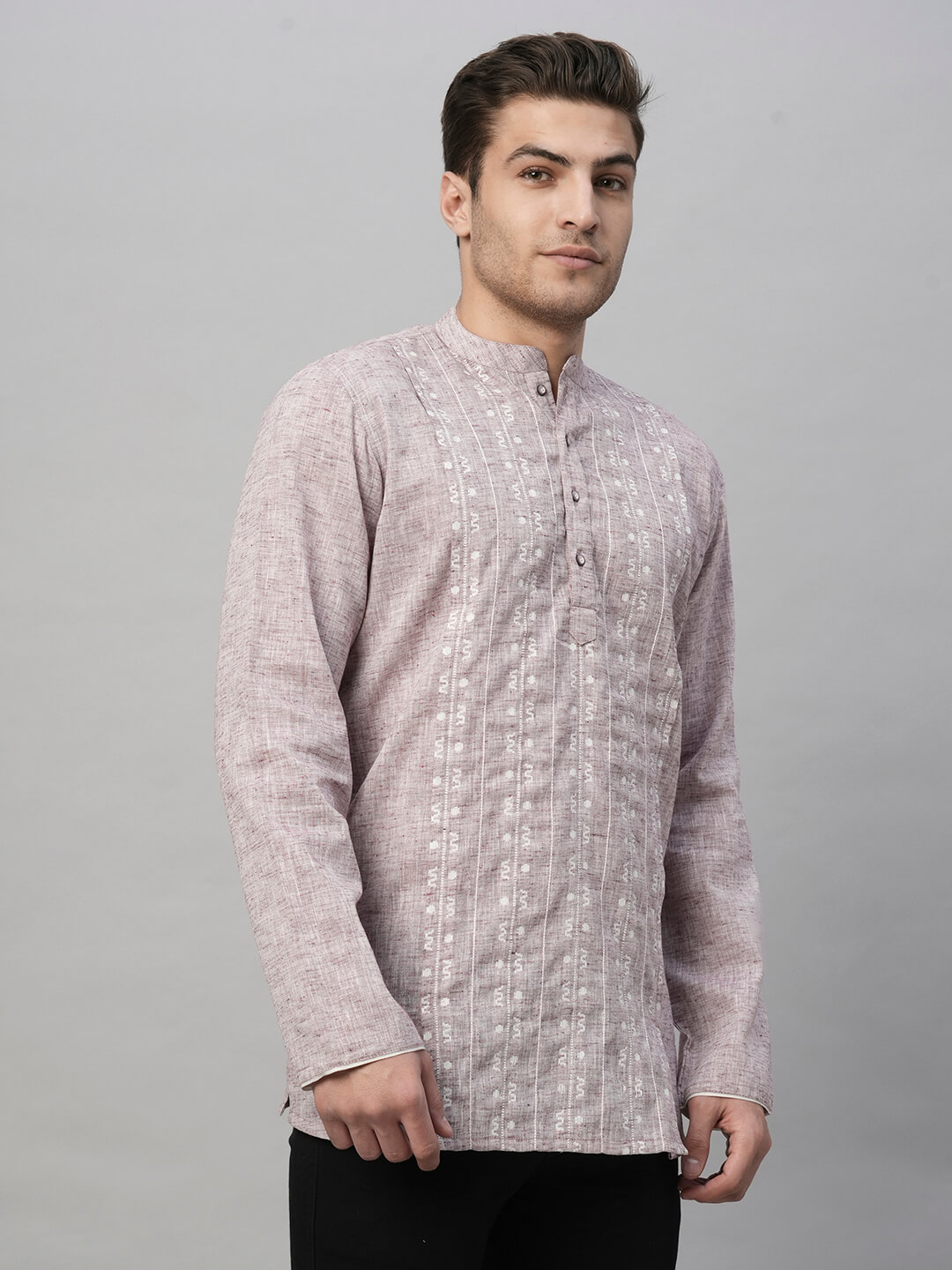 Lilac handloom dobby front, highlited with show stitches men short kurta - Image 6