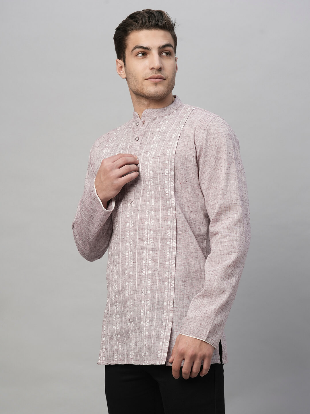 Lilac handloom dobby front, highlited with show stitches men short kurta - Image 7