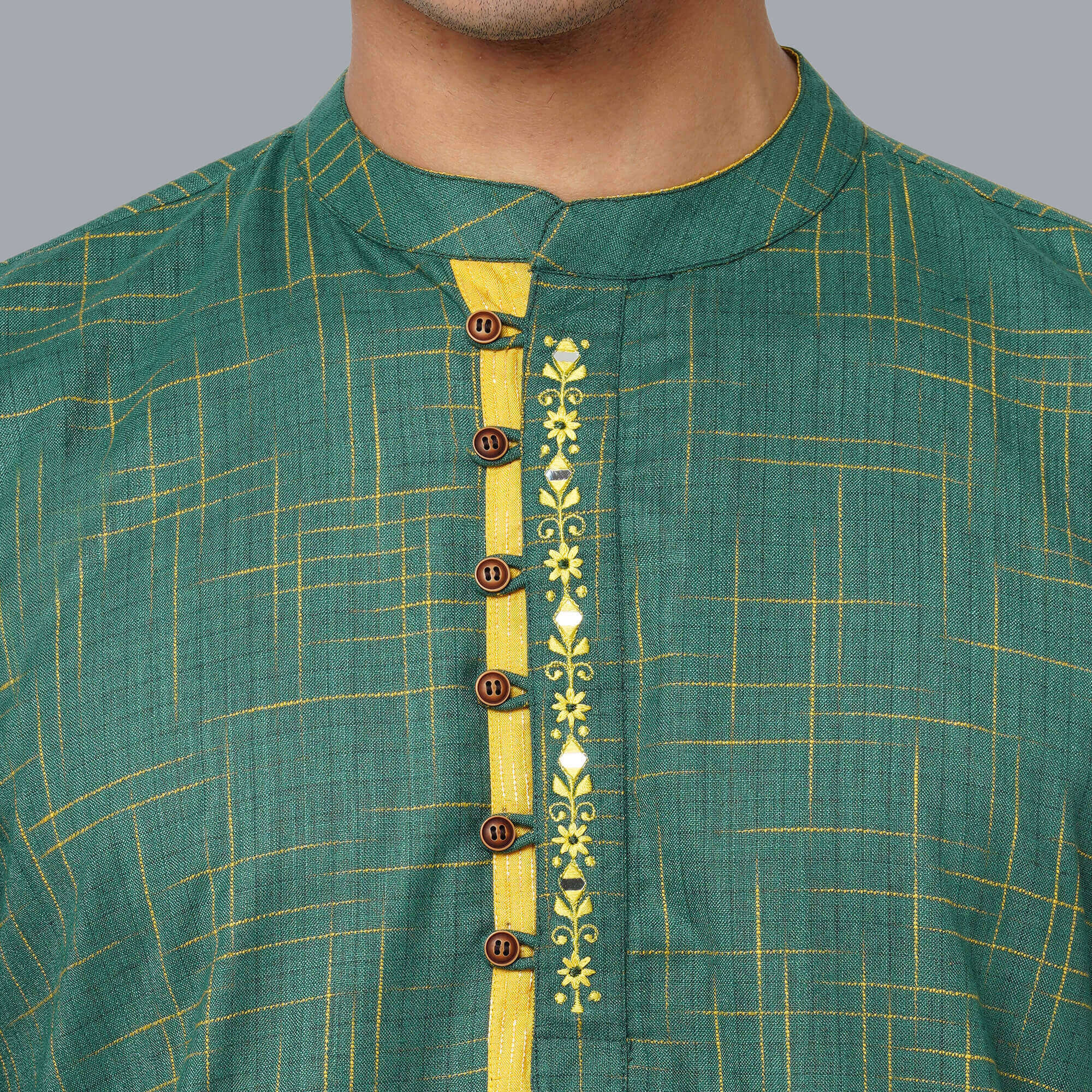 Green color polycot with yellow slub weaved embroidery men long kurta - Image 4