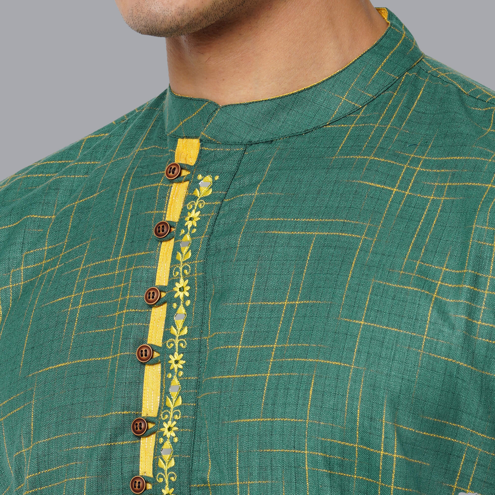 Green color polycot with yellow slub weaved embroidery men long kurta - Image 5