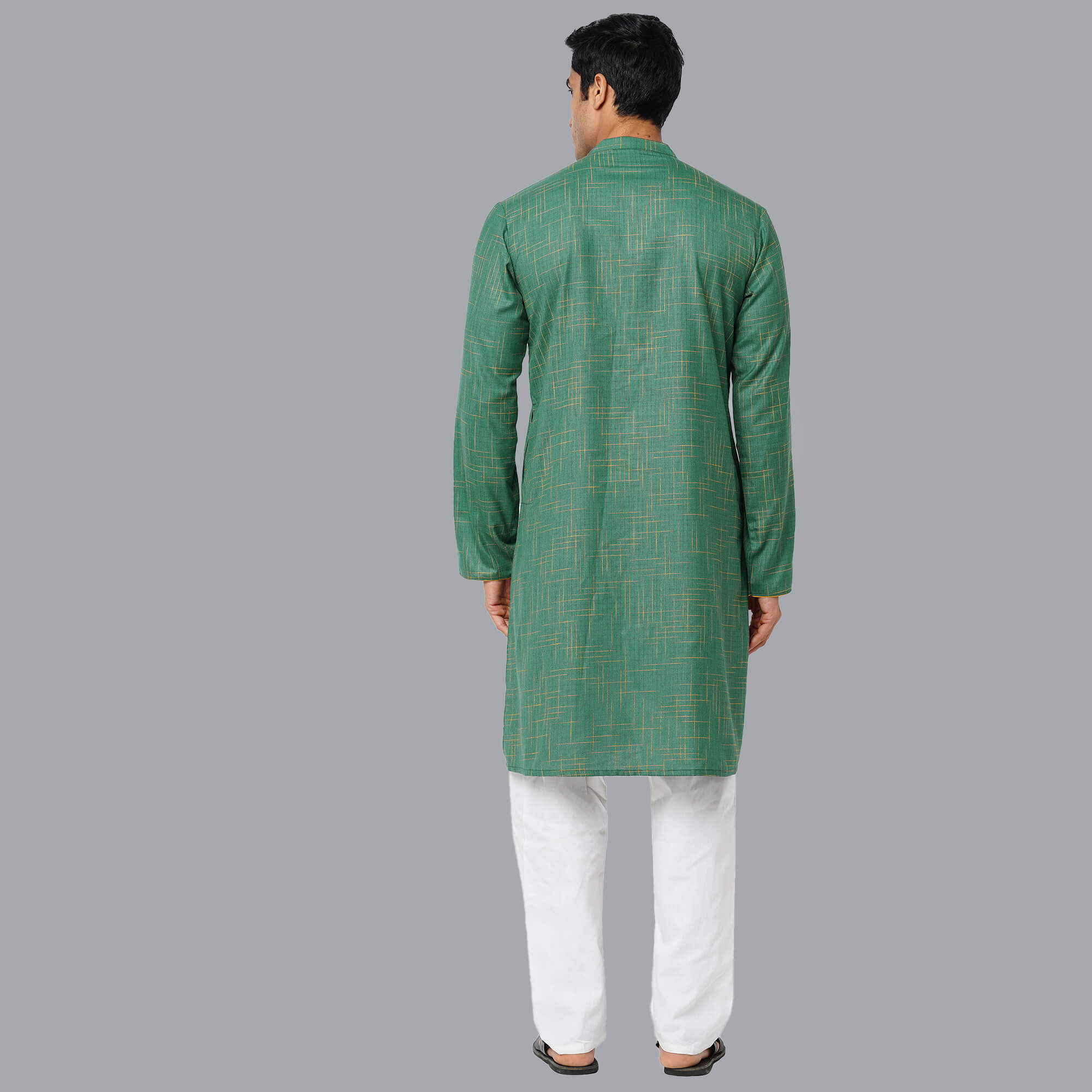 Green color polycot with yellow slub weaved embroidery men long kurta - Image 6