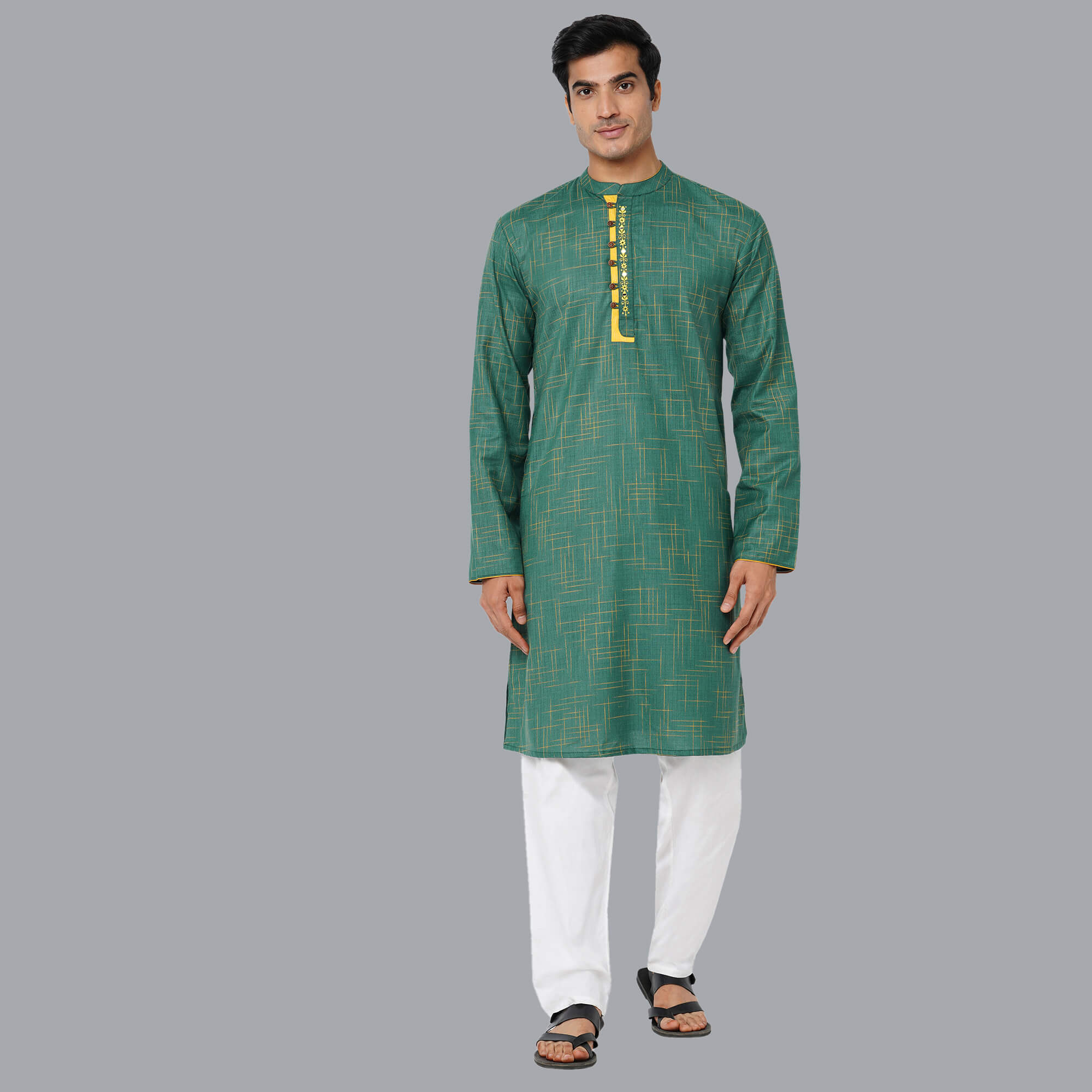 Green color polycot with yellow slub weaved embroidery men long kurta