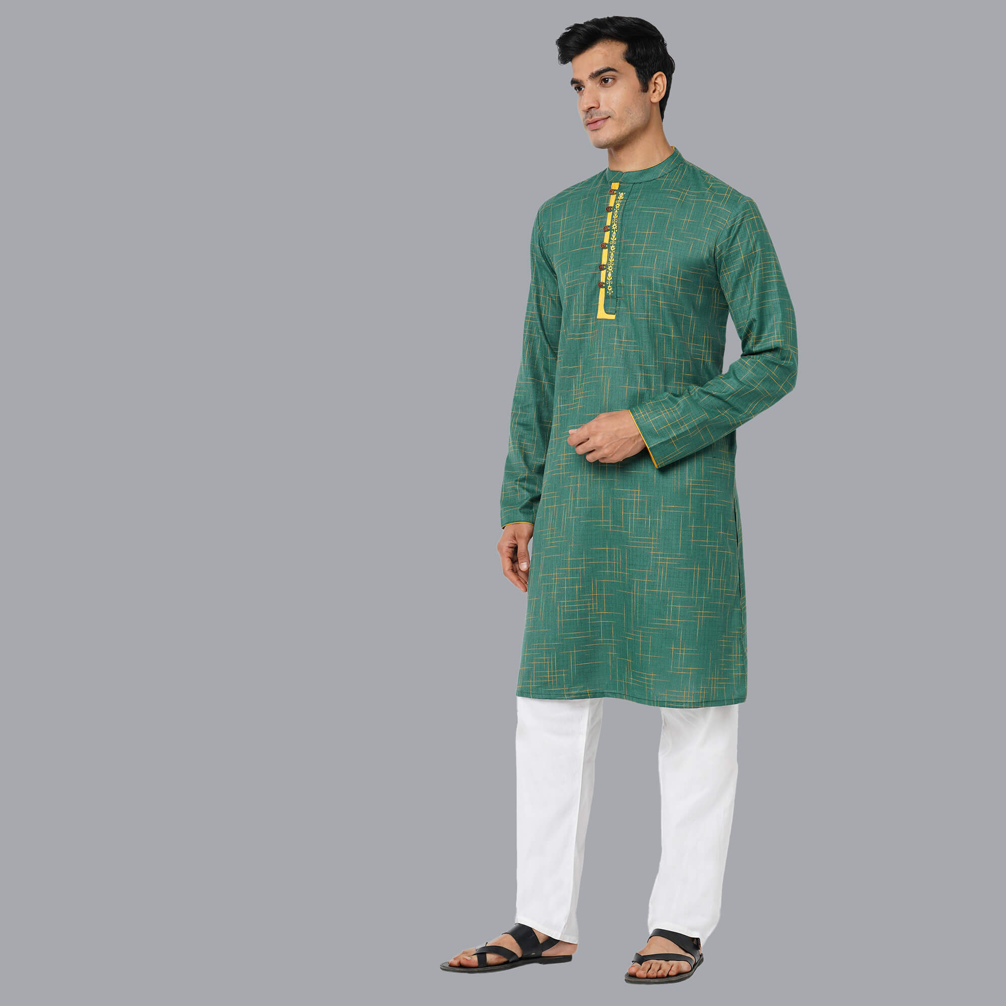 Green color polycot with yellow slub weaved embroidery men long kurta - Image 2