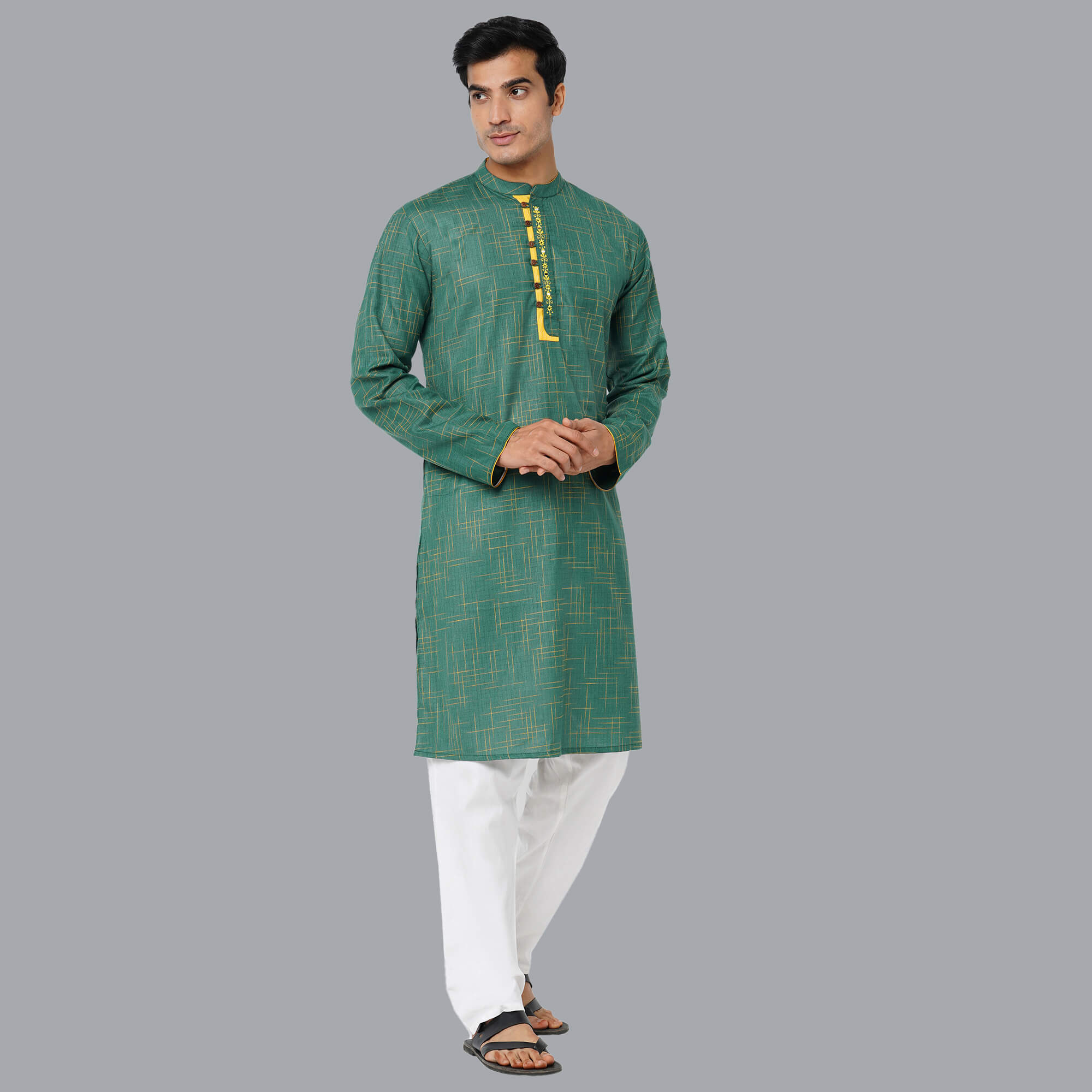 Green color polycot with yellow slub weaved embroidery men long kurta - Image 3