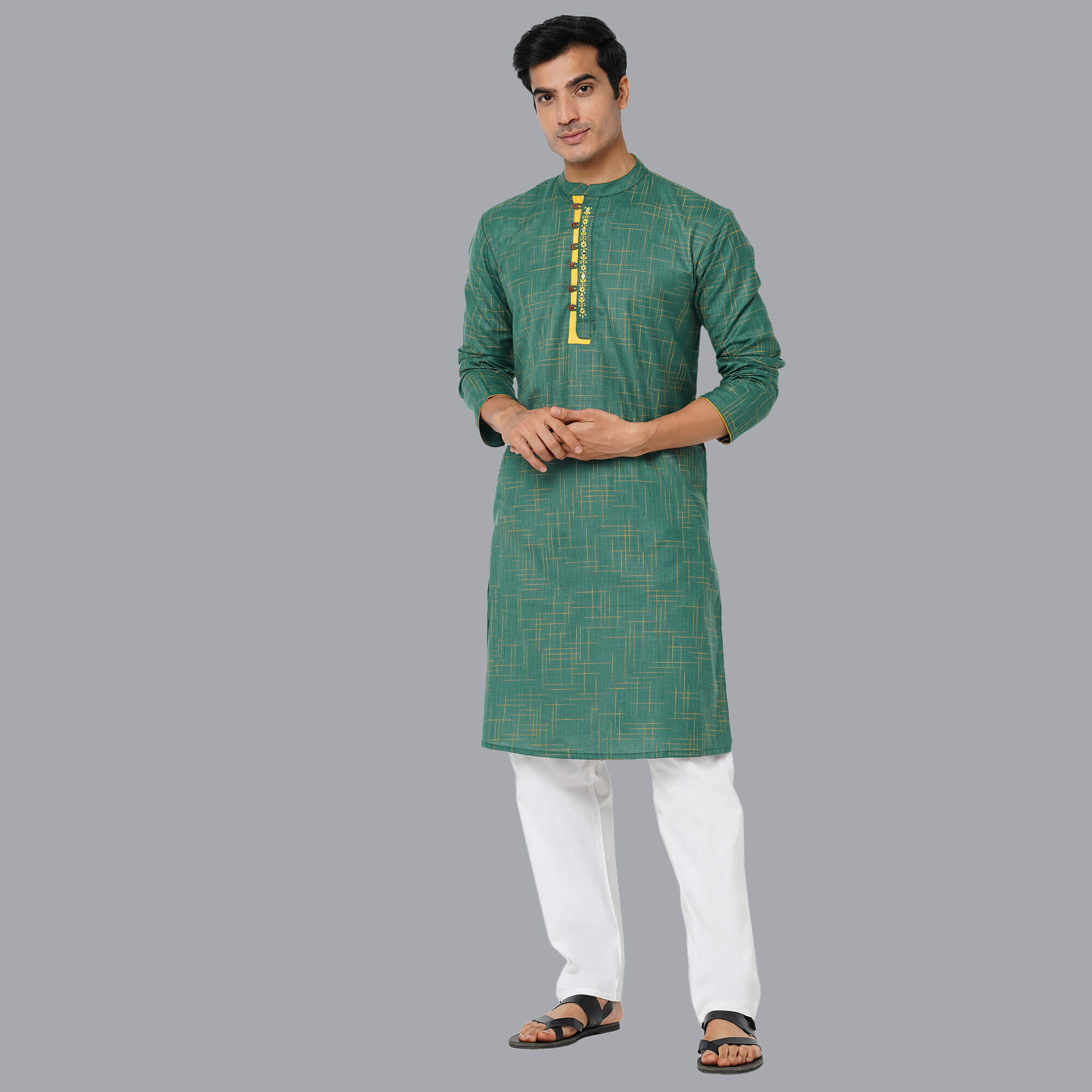 Green color polycot with yellow slub weaved embroidery men long kurta - Image 8