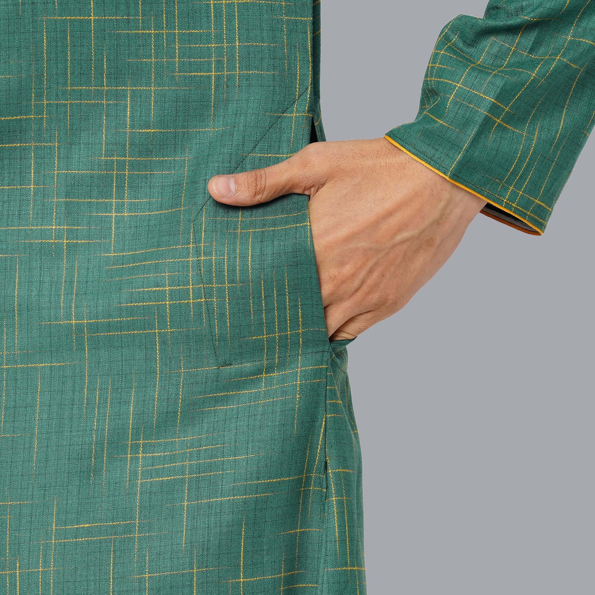 Green color polycot with yellow slub weaved embroidery men long kurta - Image 7