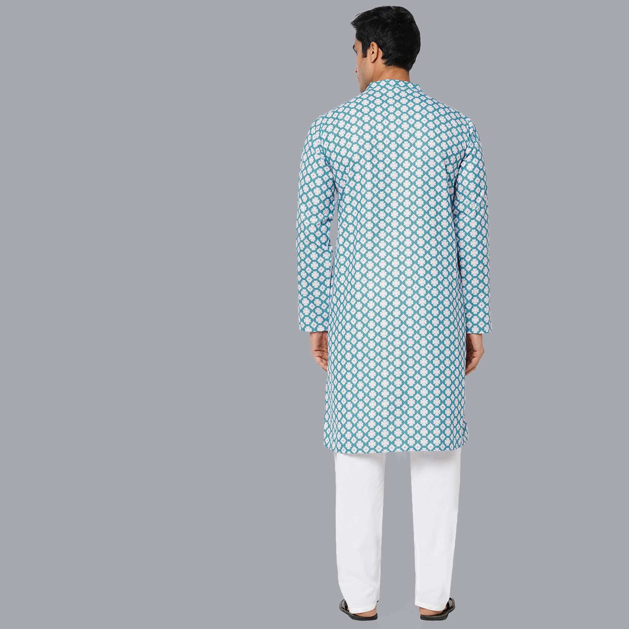 Ocean blue color polycot digital white flower printed men long kurta - Image 2