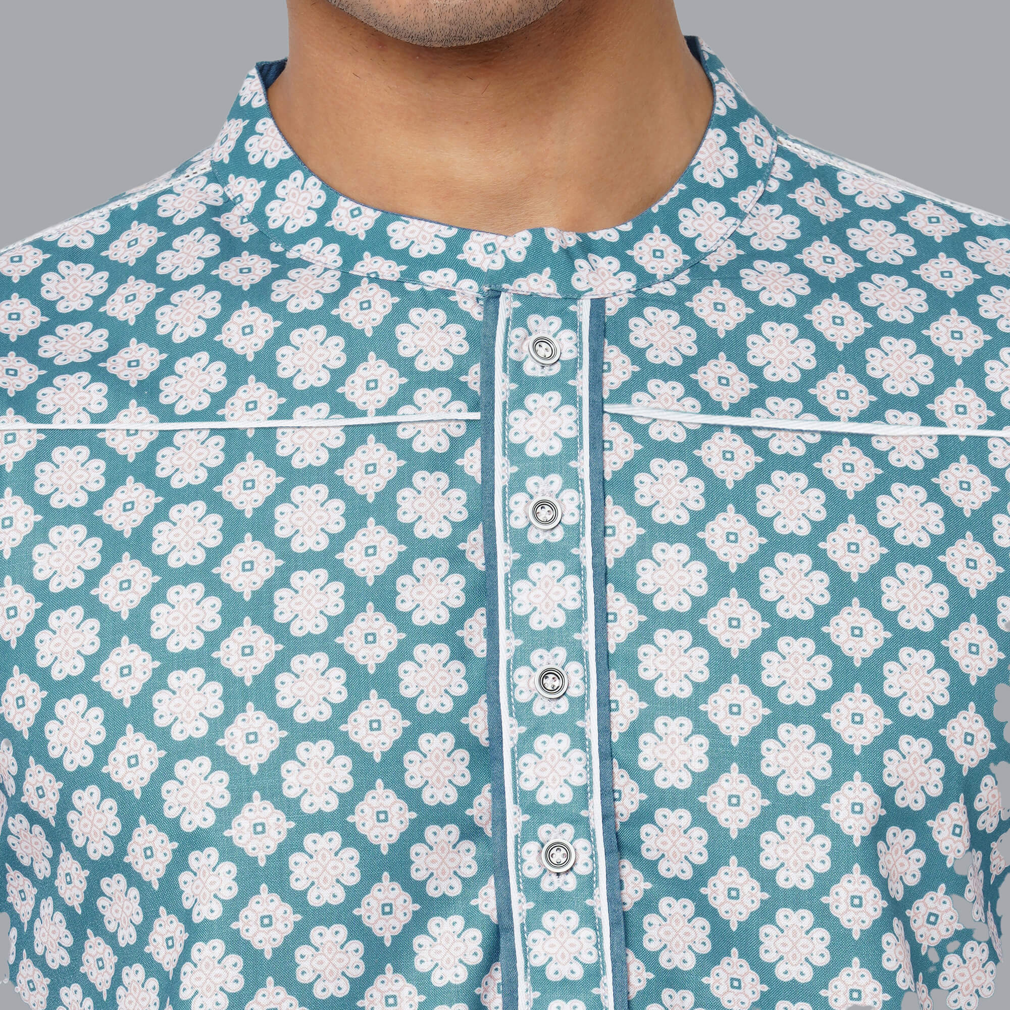 Ocean blue color polycot digital white flower printed men long kurta - Image 3