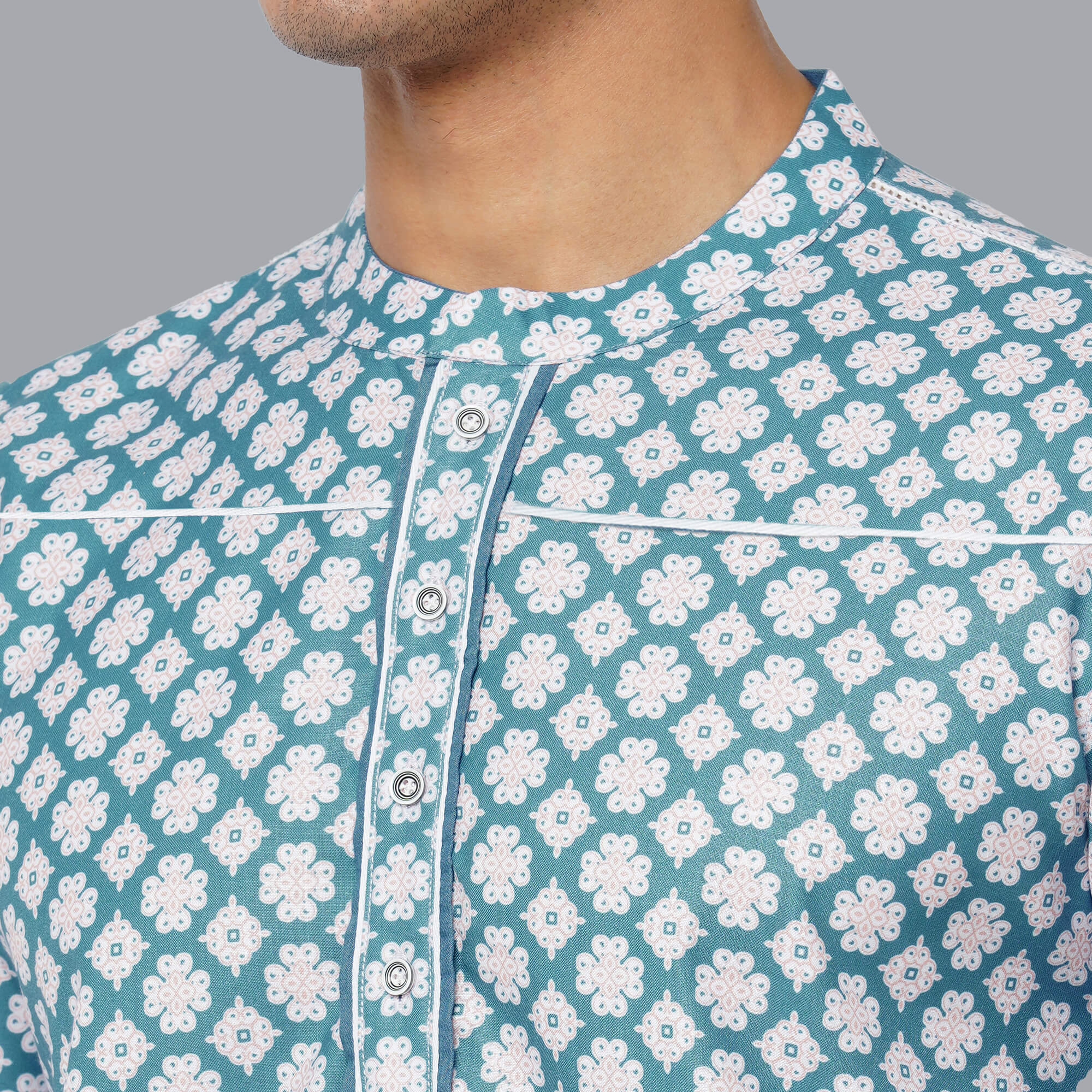 Ocean blue color polycot digital white flower printed men long kurta - Image 4