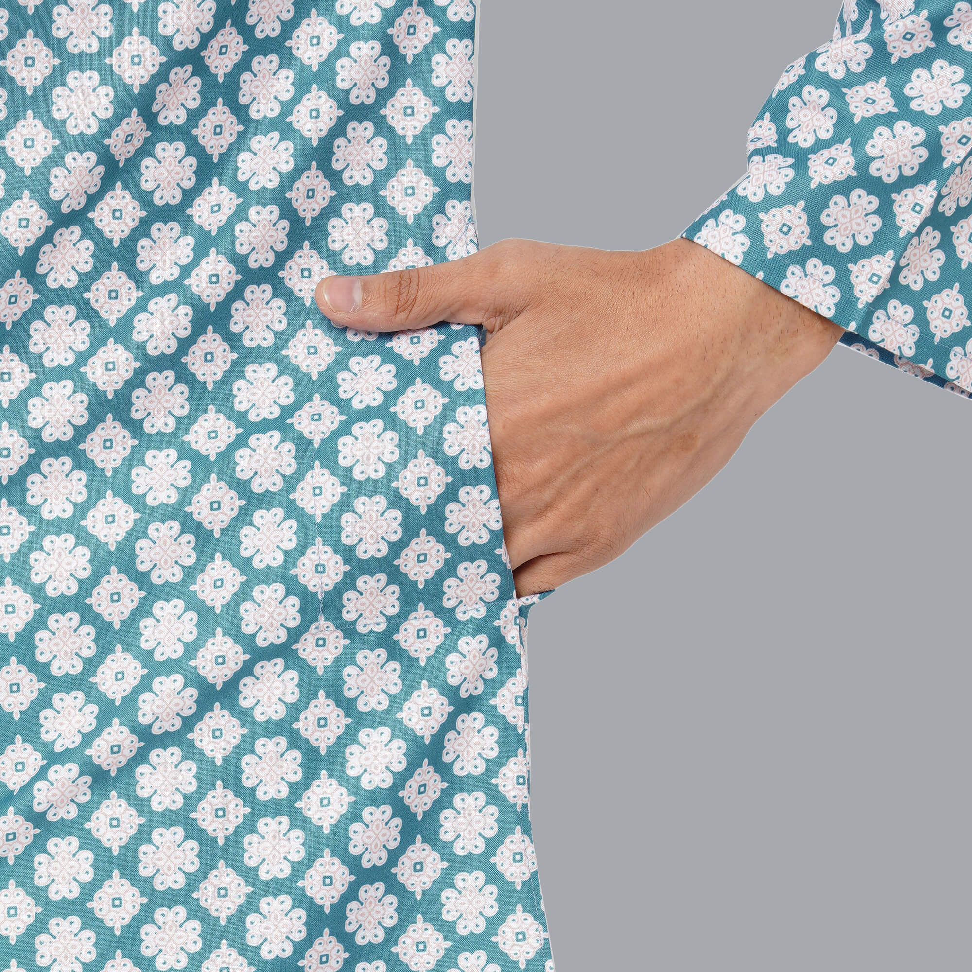 Ocean blue color polycot digital white flower printed men long kurta - Image 5