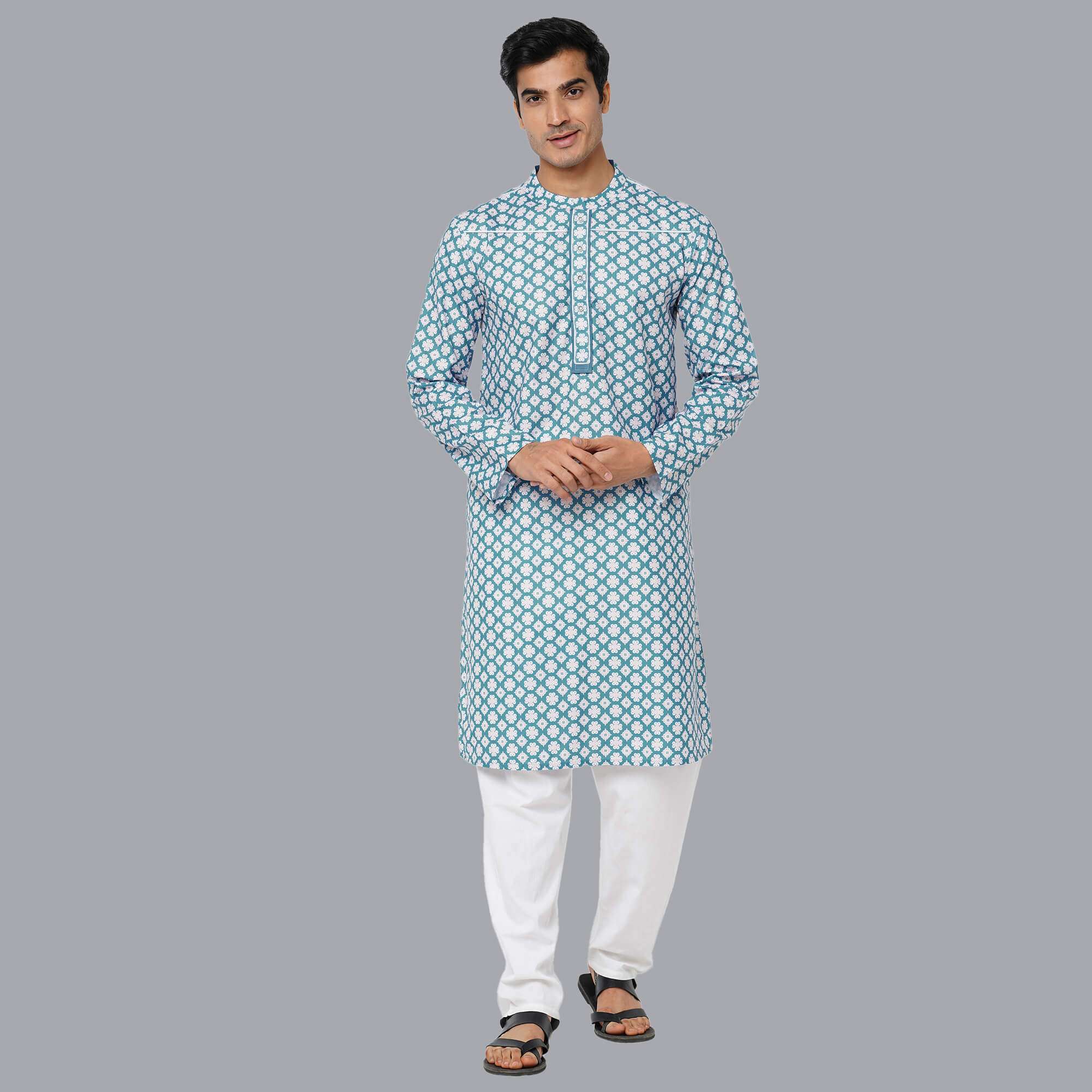 Ocean blue color polycot digital white flower printed men long kurta