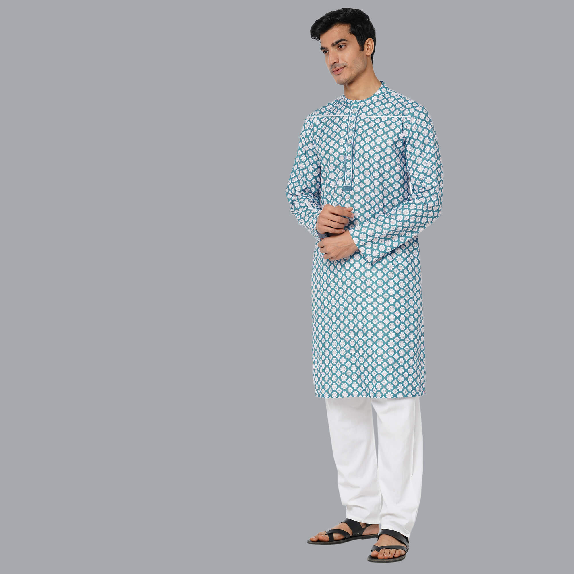 Ocean blue color polycot digital white flower printed men long kurta - Image 6