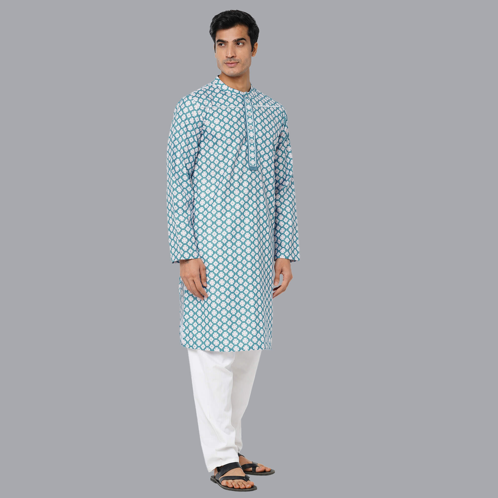 Ocean blue color polycot digital white flower printed men long kurta - Image 7