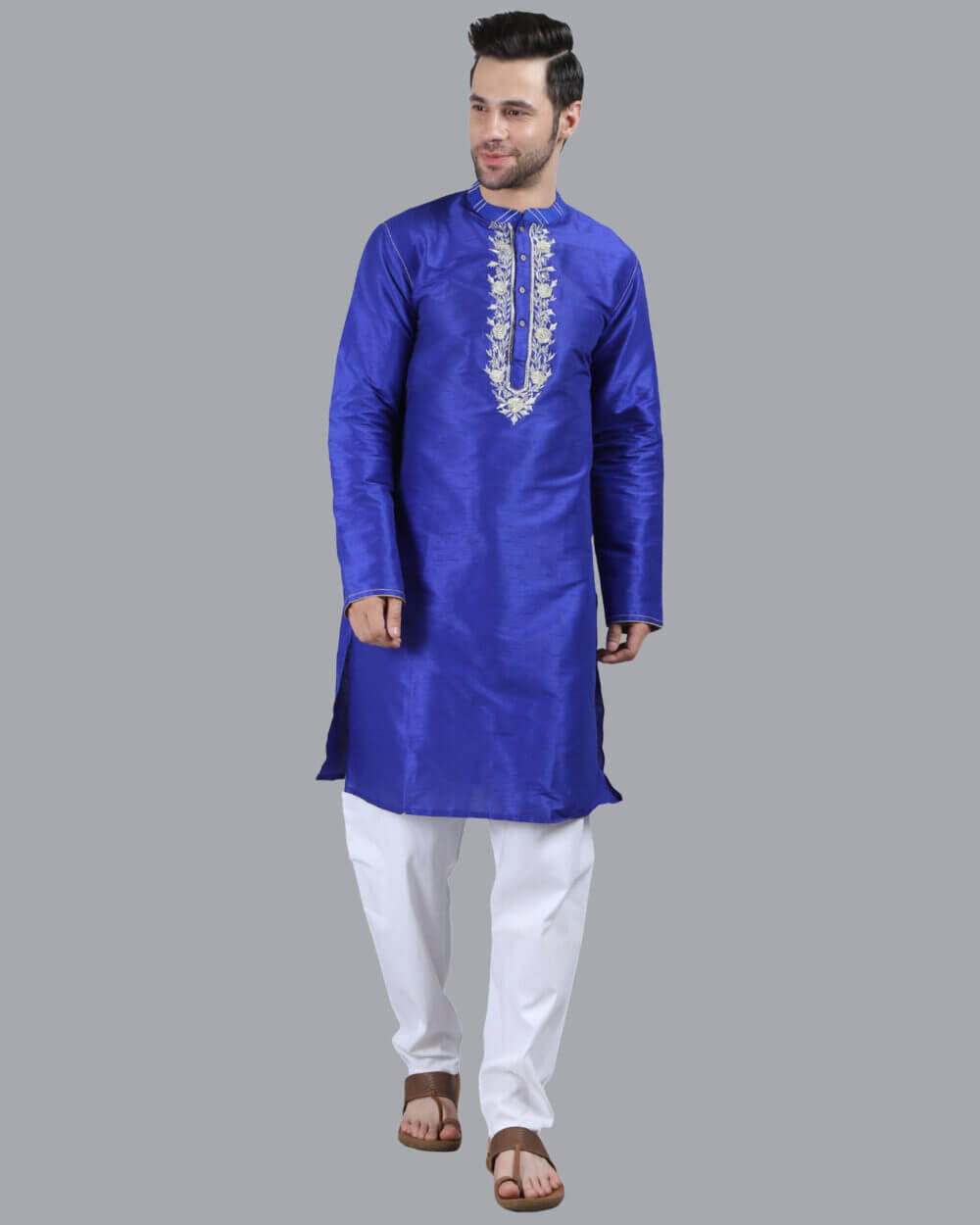 Royal Blue color poly dupion embroidery men long kurta - Image 2