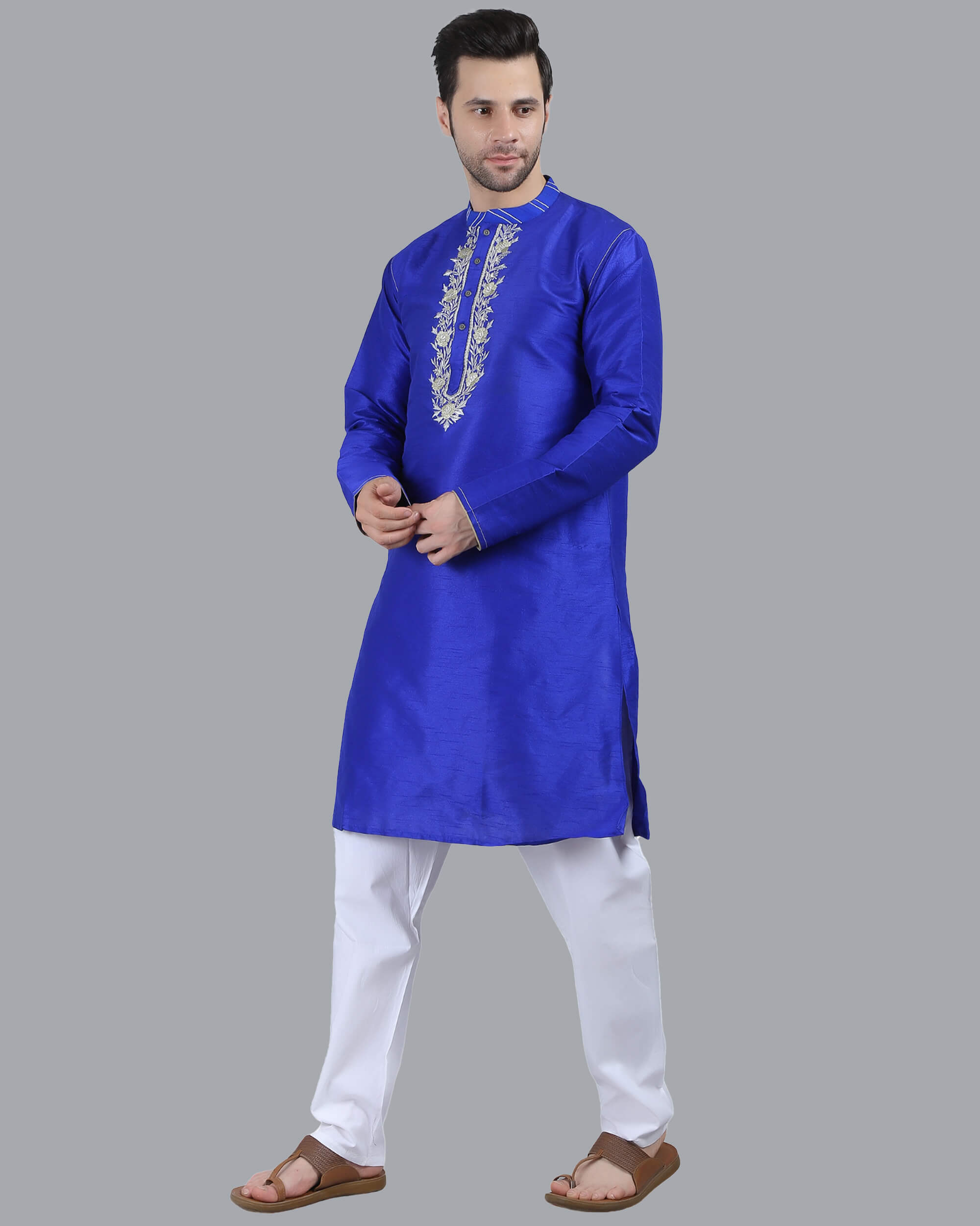 Royal Blue color poly dupion embroidery men long kurta - Image 5