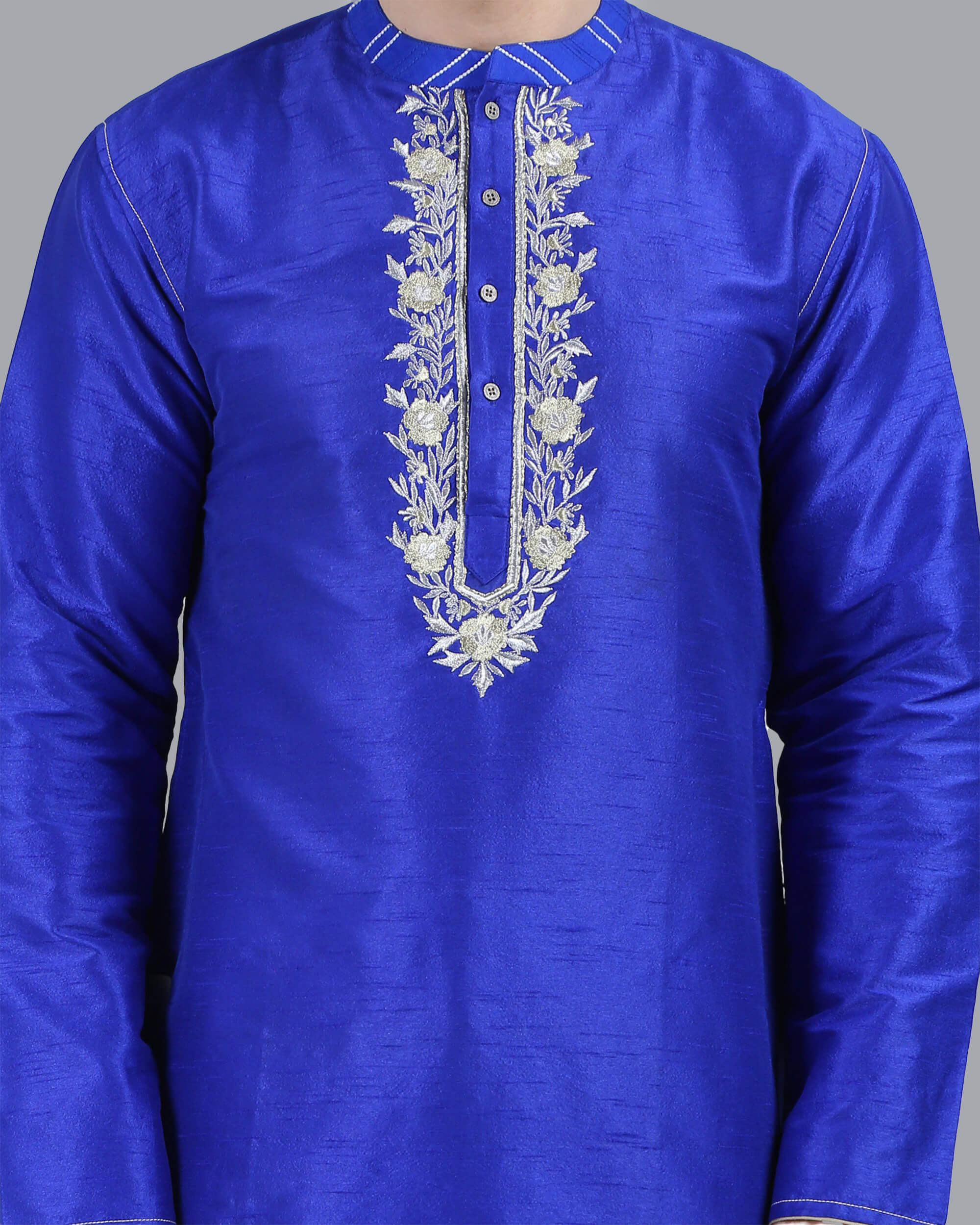 Royal Blue color poly dupion embroidery men long kurta - Image 4