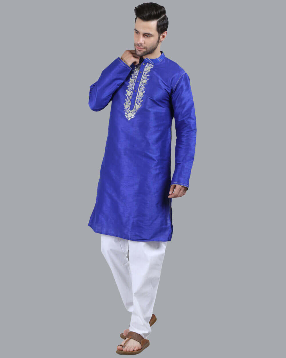 Royal Blue color poly dupion embroidery men long kurta - Image 3