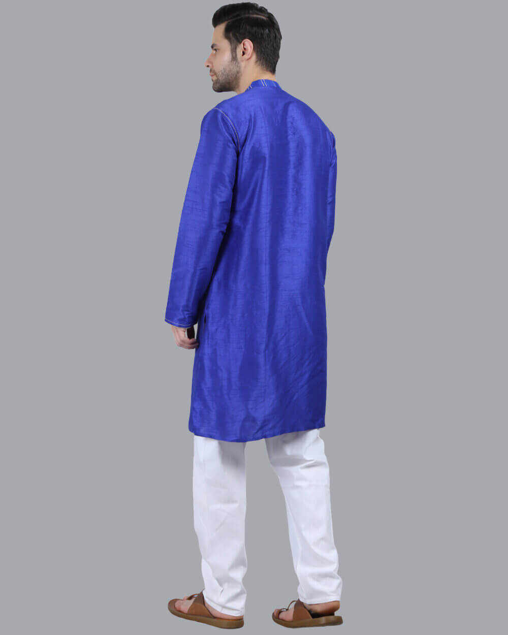 Royal Blue color poly dupion embroidery men long kurta - Image 6