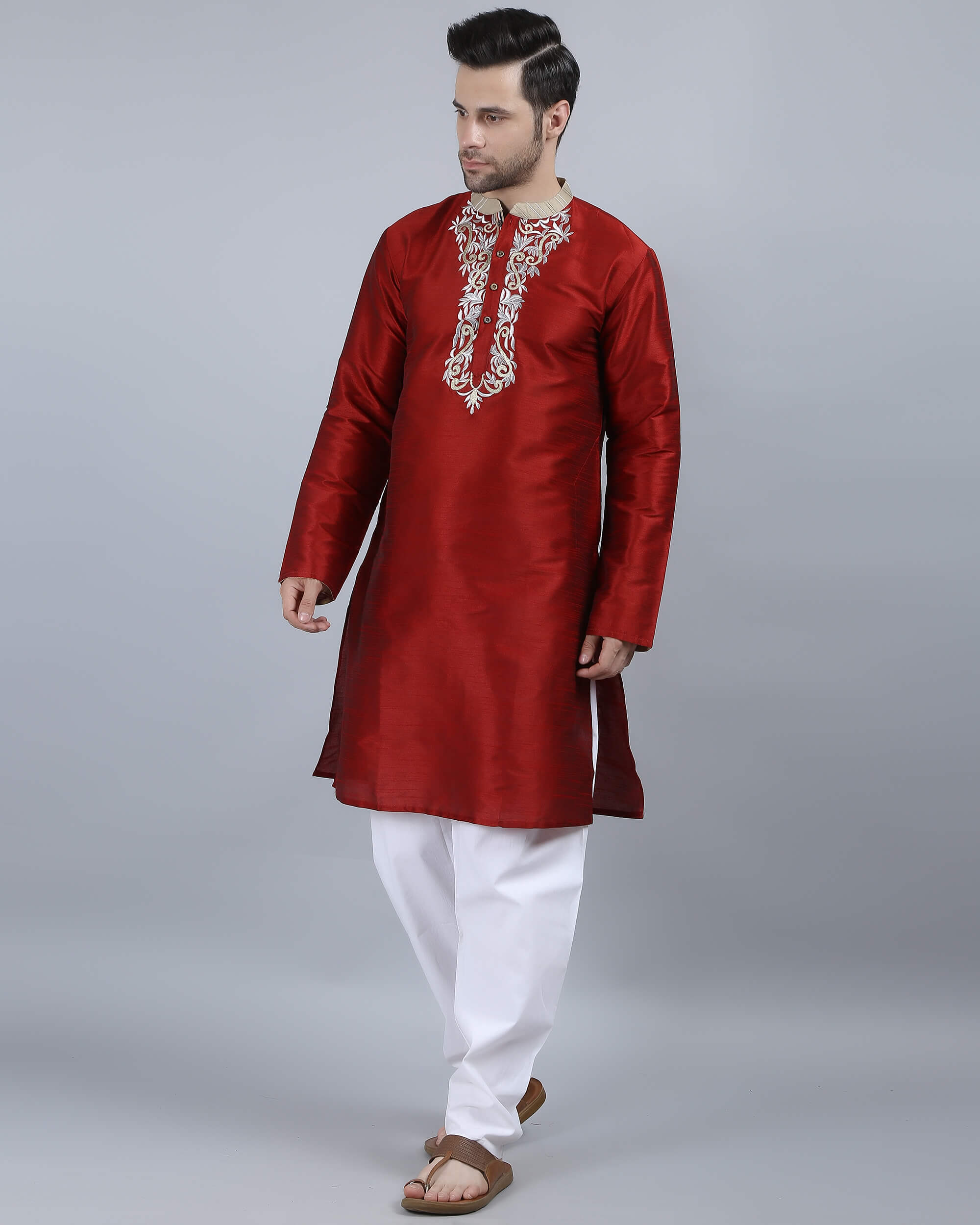 Red color poly dupion embroidery men long kurta - Image 3