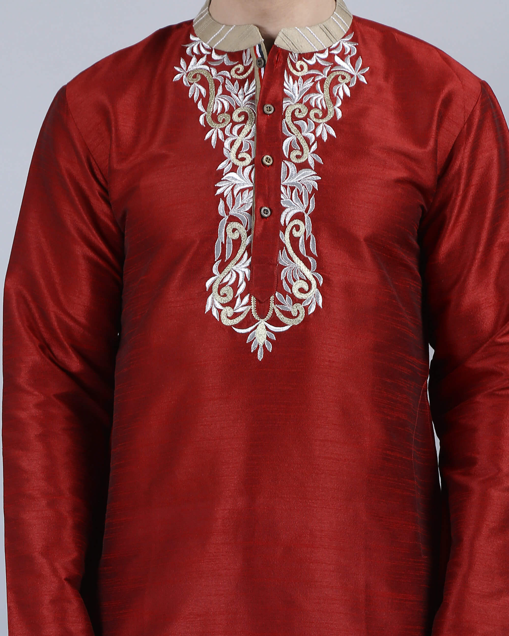 Red color poly dupion embroidery men long kurta - Image 4