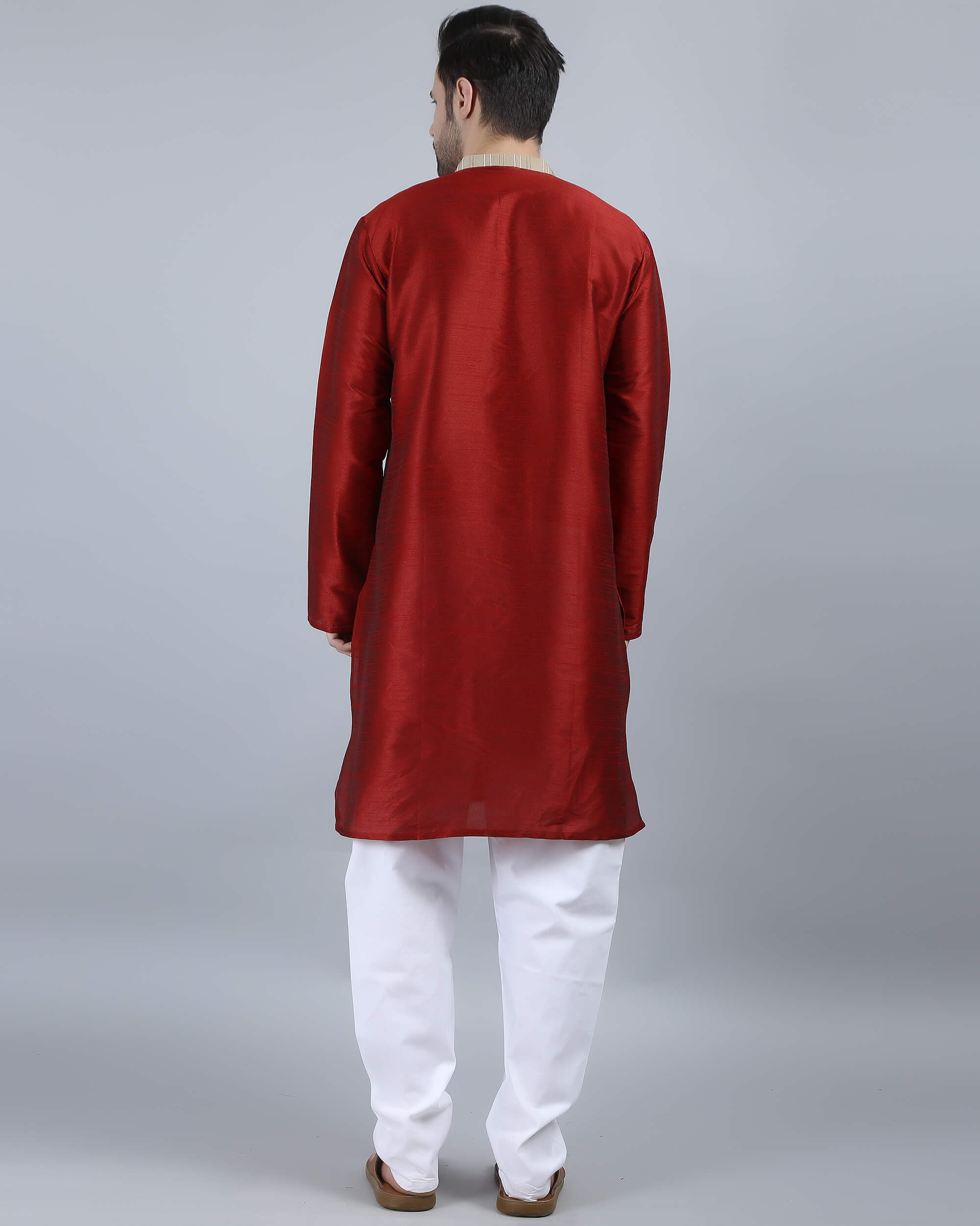 Red color poly dupion embroidery men long kurta - Image 5