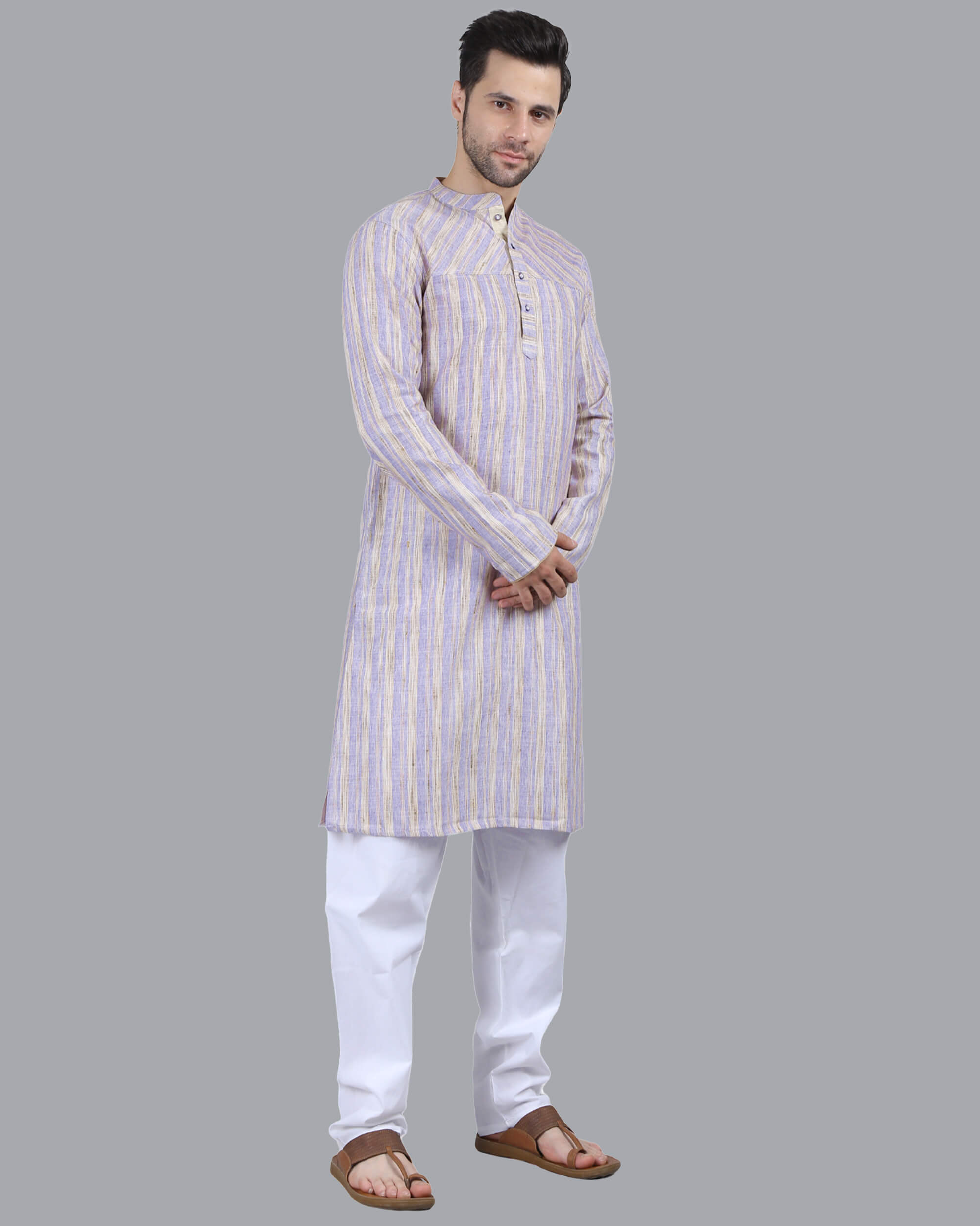 Lilac color handloom polycot weave beige stripes men long kurta