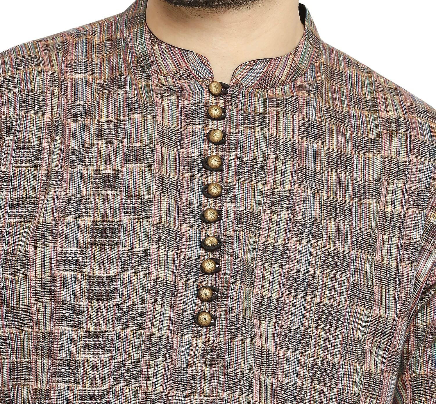 Brown color cotton multithreads checkers men long kurta - Image 7