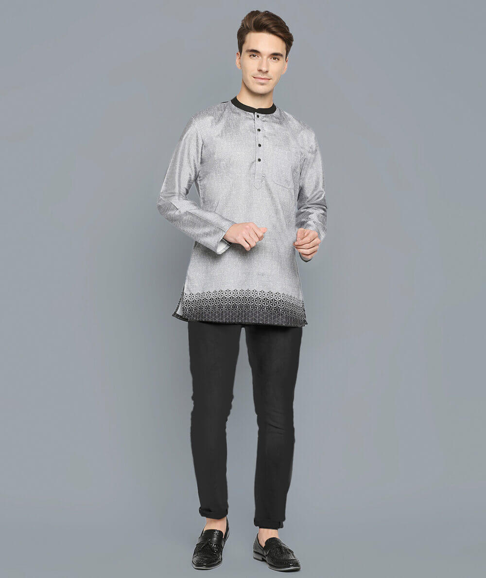 Grey poly cotton digital printed dupion slub men short kurta - Image 2