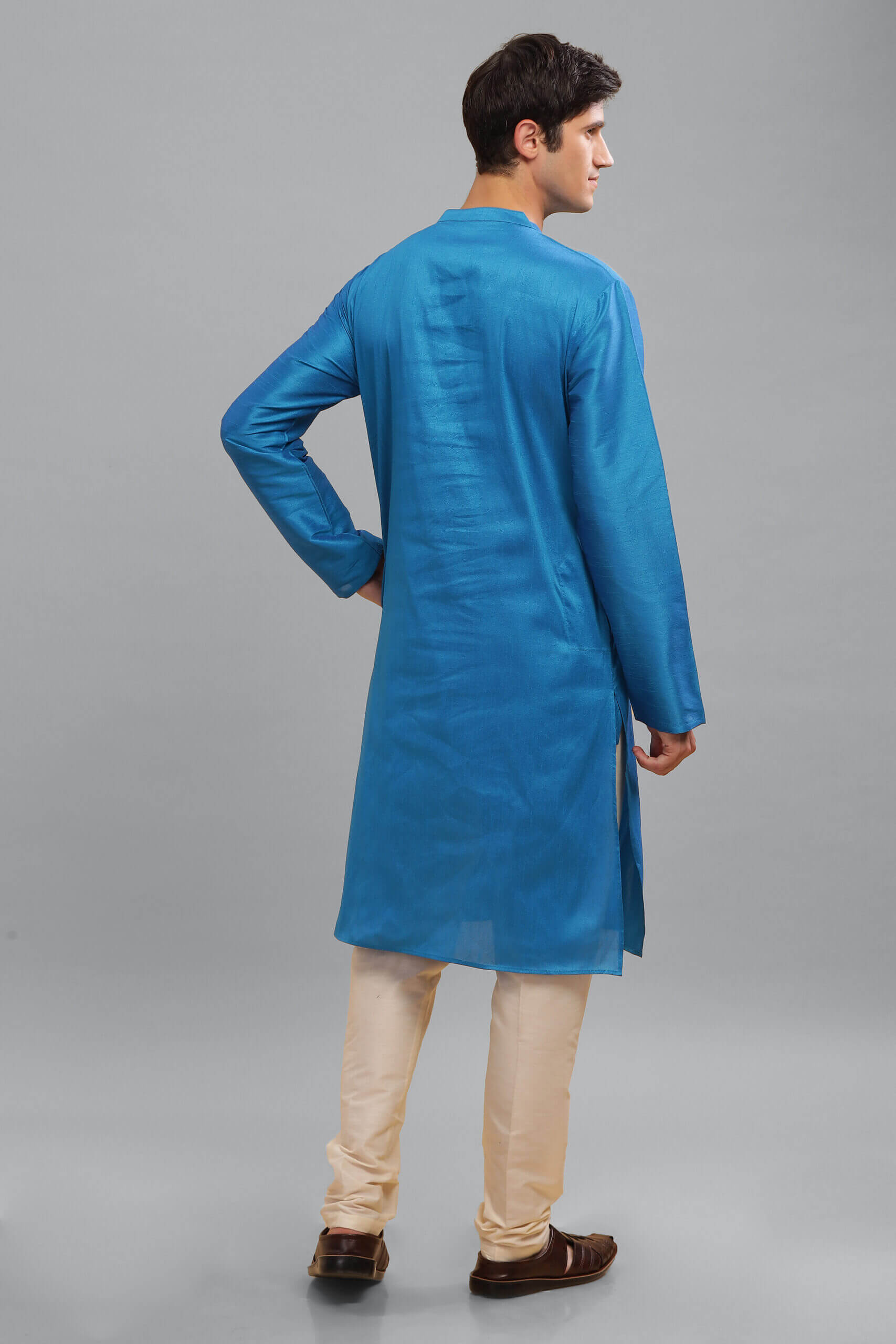 Turquoise poly dupion digital printed yoke men long kurta - Image 2