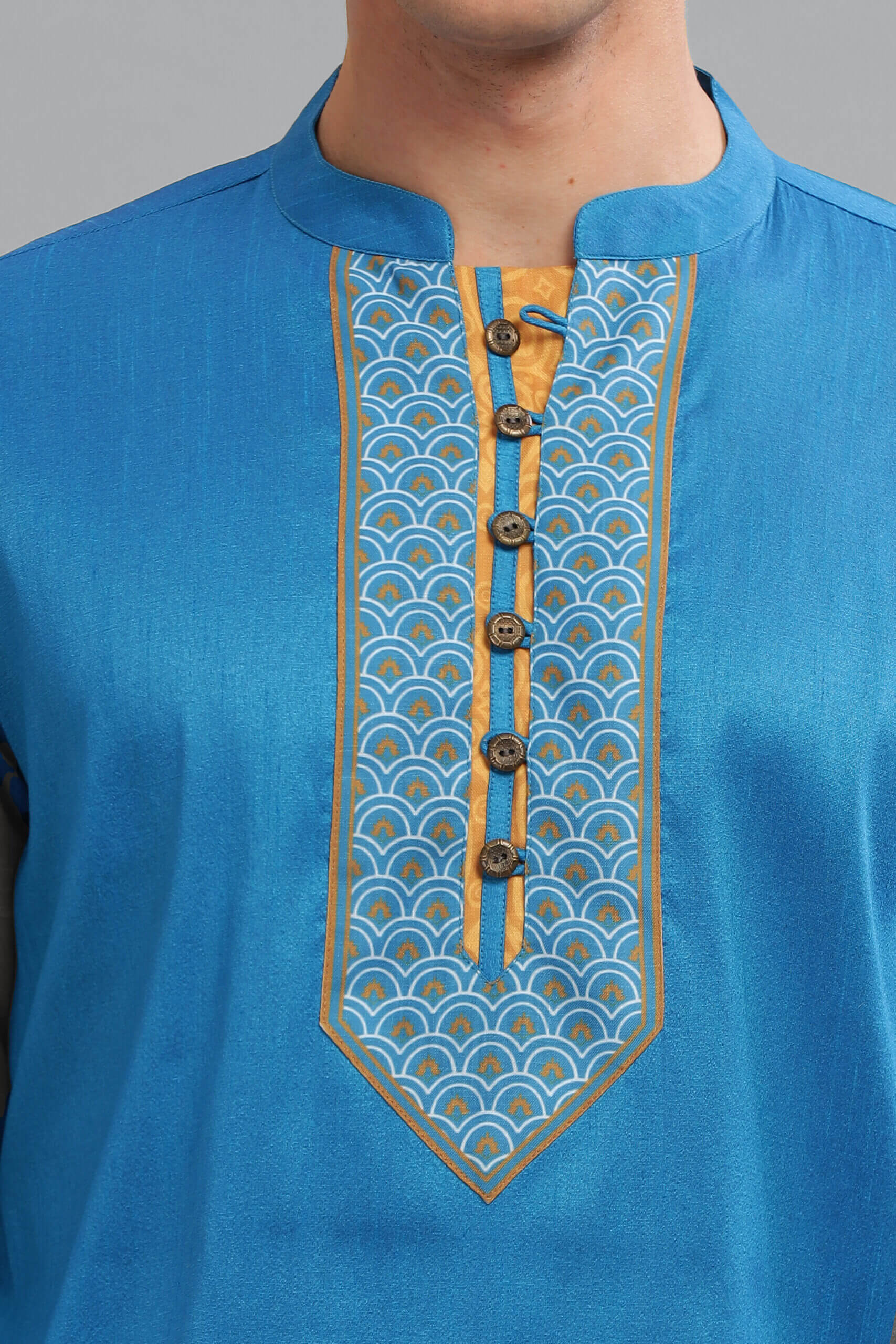 Turquoise poly dupion digital printed yoke men long kurta - Image 4