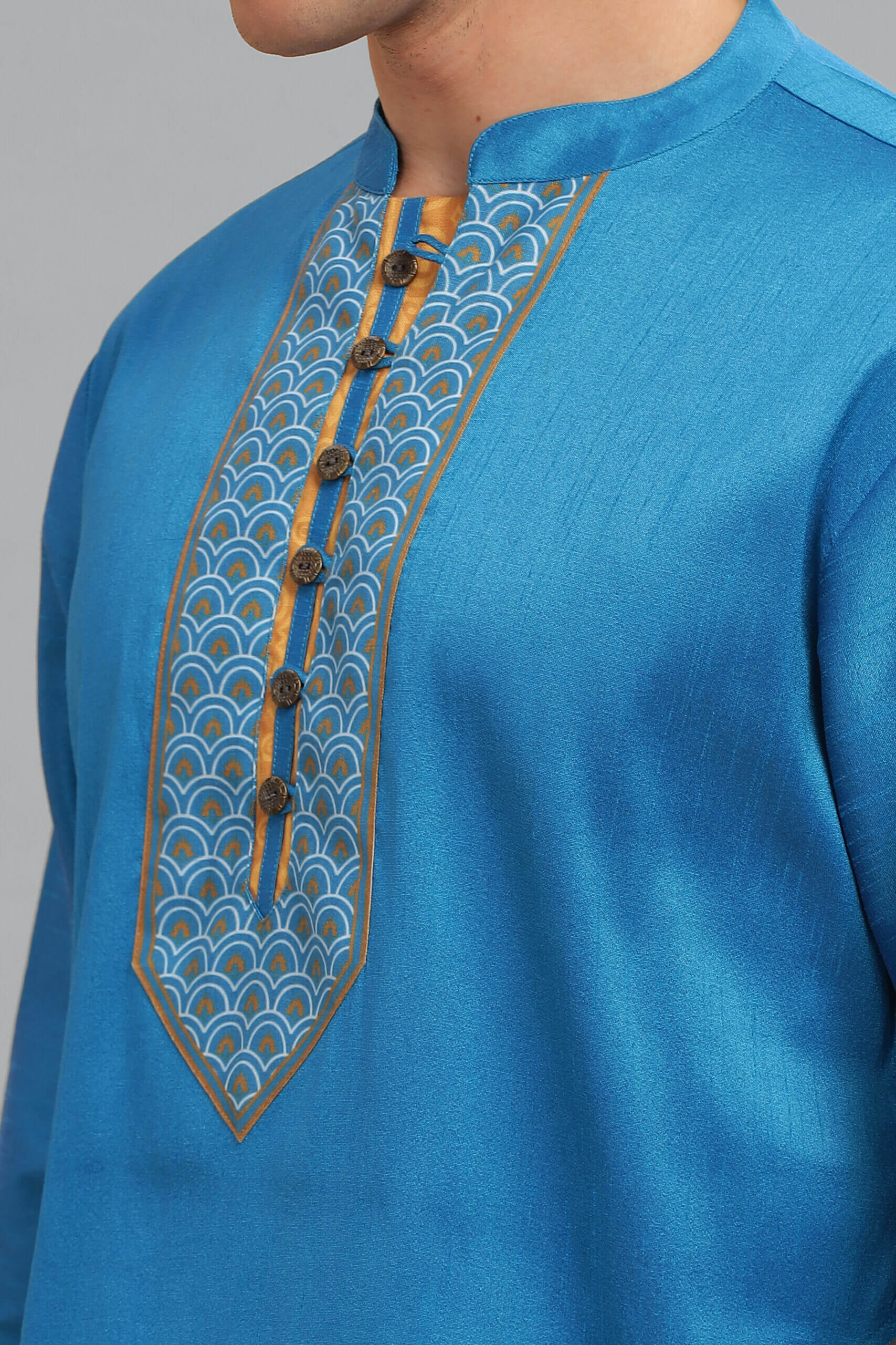 Turquoise poly dupion digital printed yoke men long kurta - Image 7