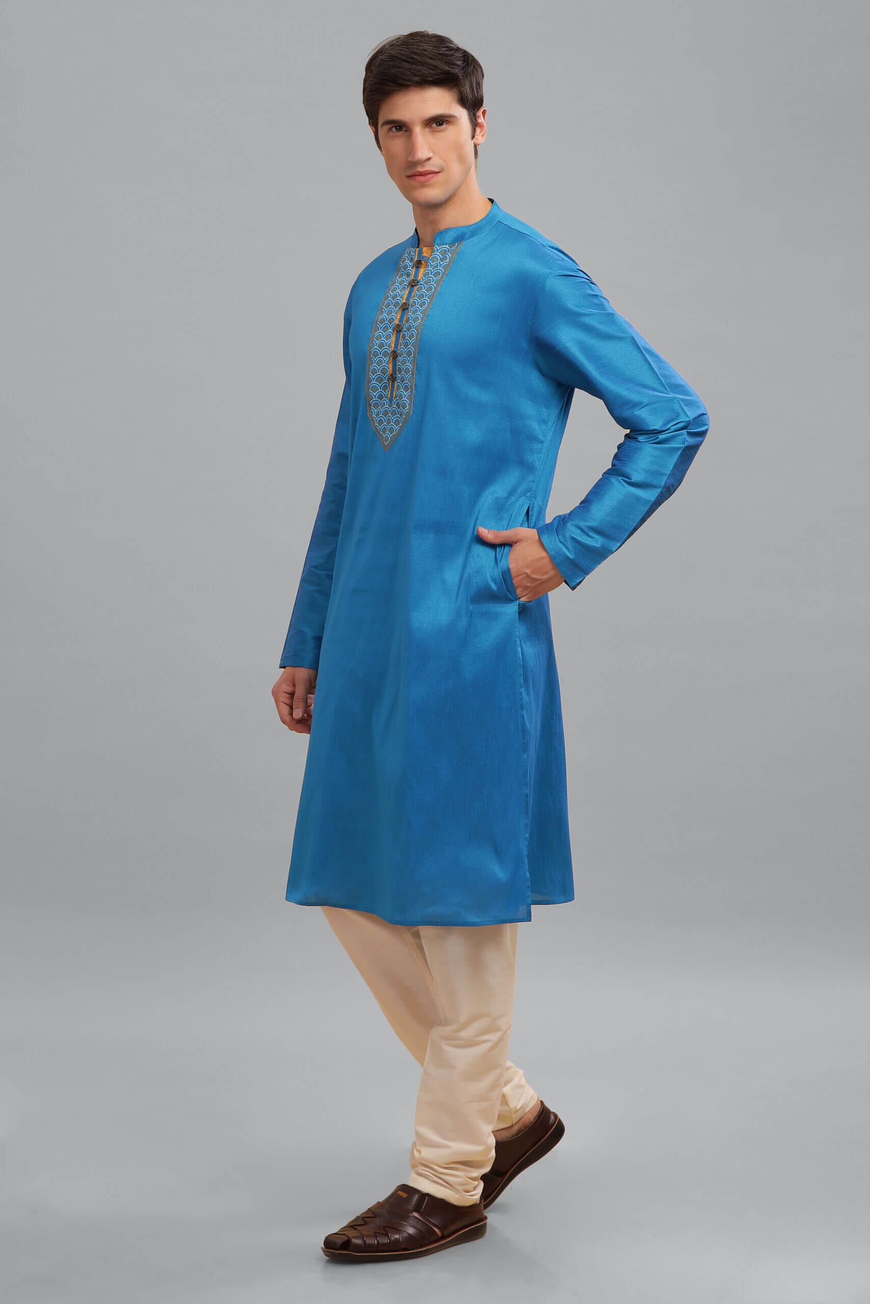 Turquoise poly dupion digital printed yoke men long kurta - Image 5