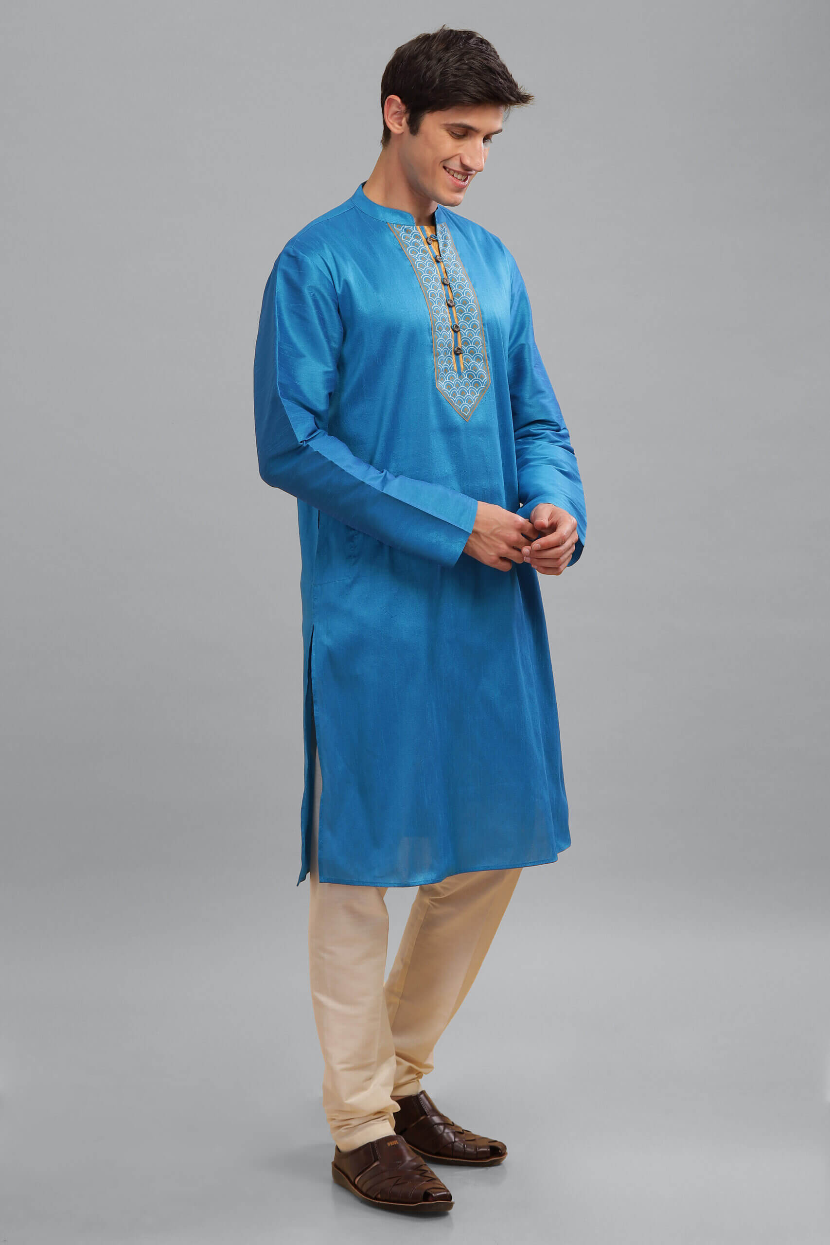 Turquoise poly dupion digital printed yoke men long kurta - Image 3