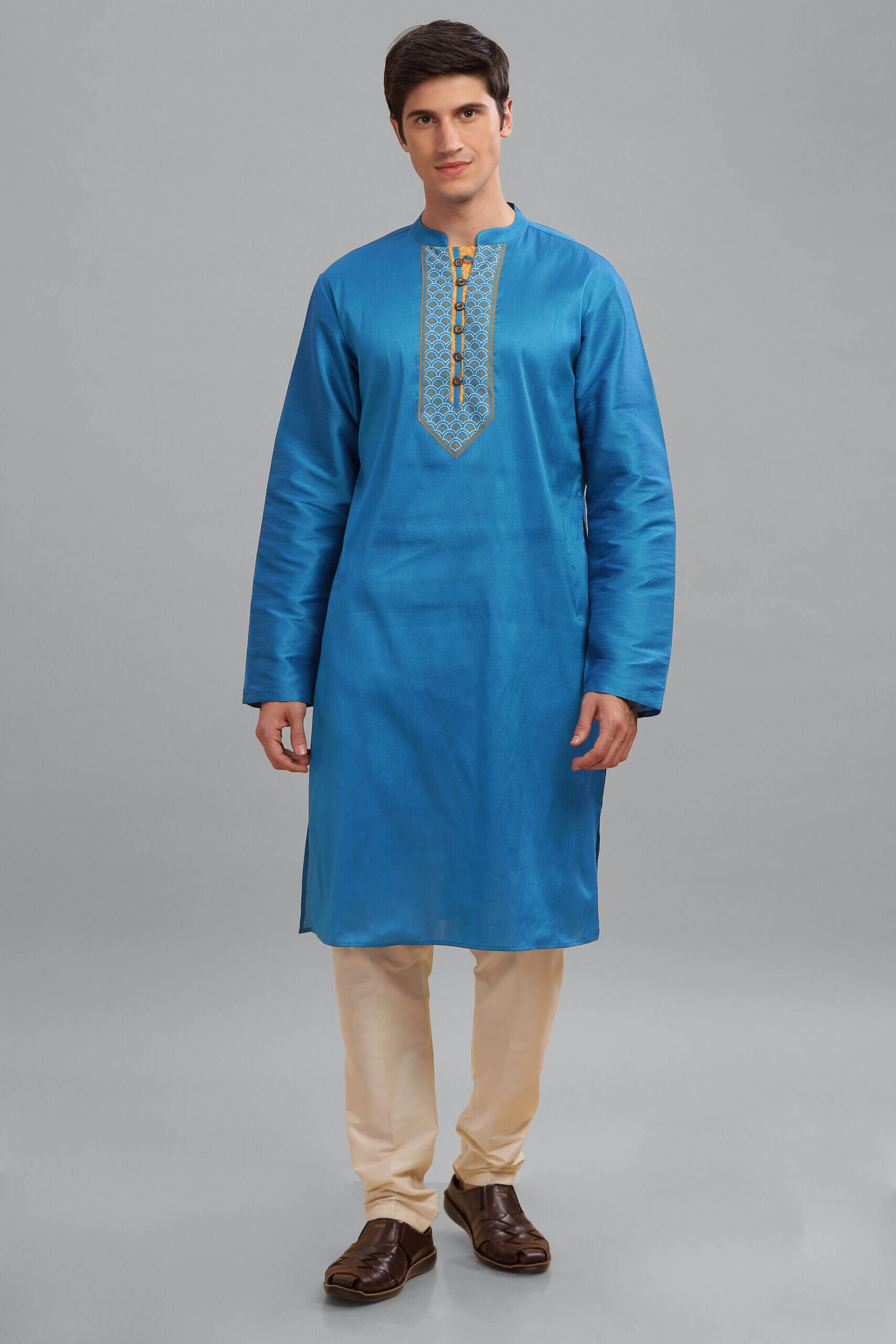 Turquoise poly dupion digital printed yoke men long kurta - Image 6