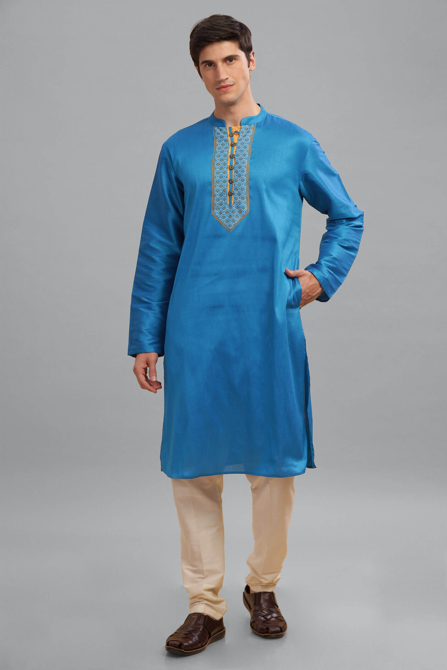 Turquoise poly dupion digital printed yoke men long kurta - Image 8