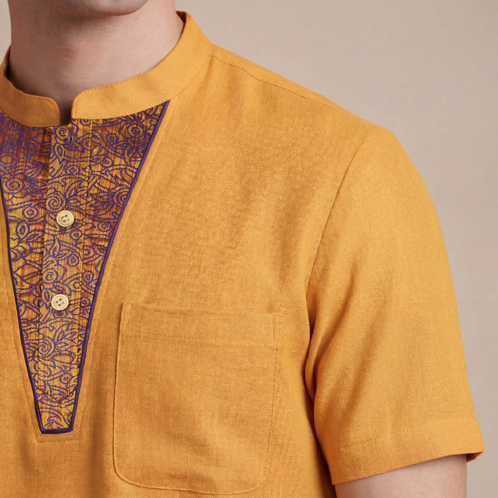 Golden yellow color soft feel poly cotton texture yoke men short kurta - Image 6