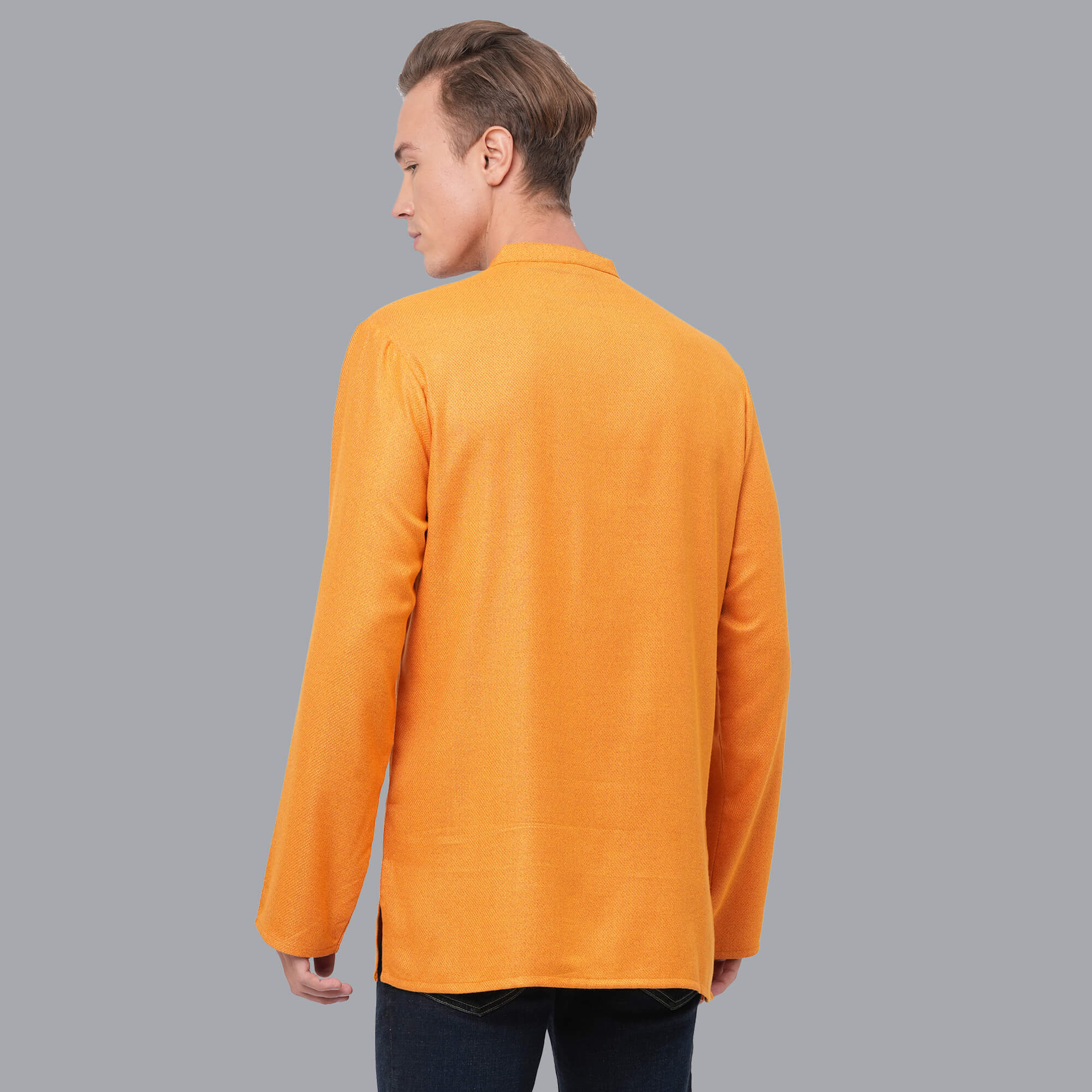 Golden yellow color soft feel poly cotton texture yoke men short kurta - Image 2