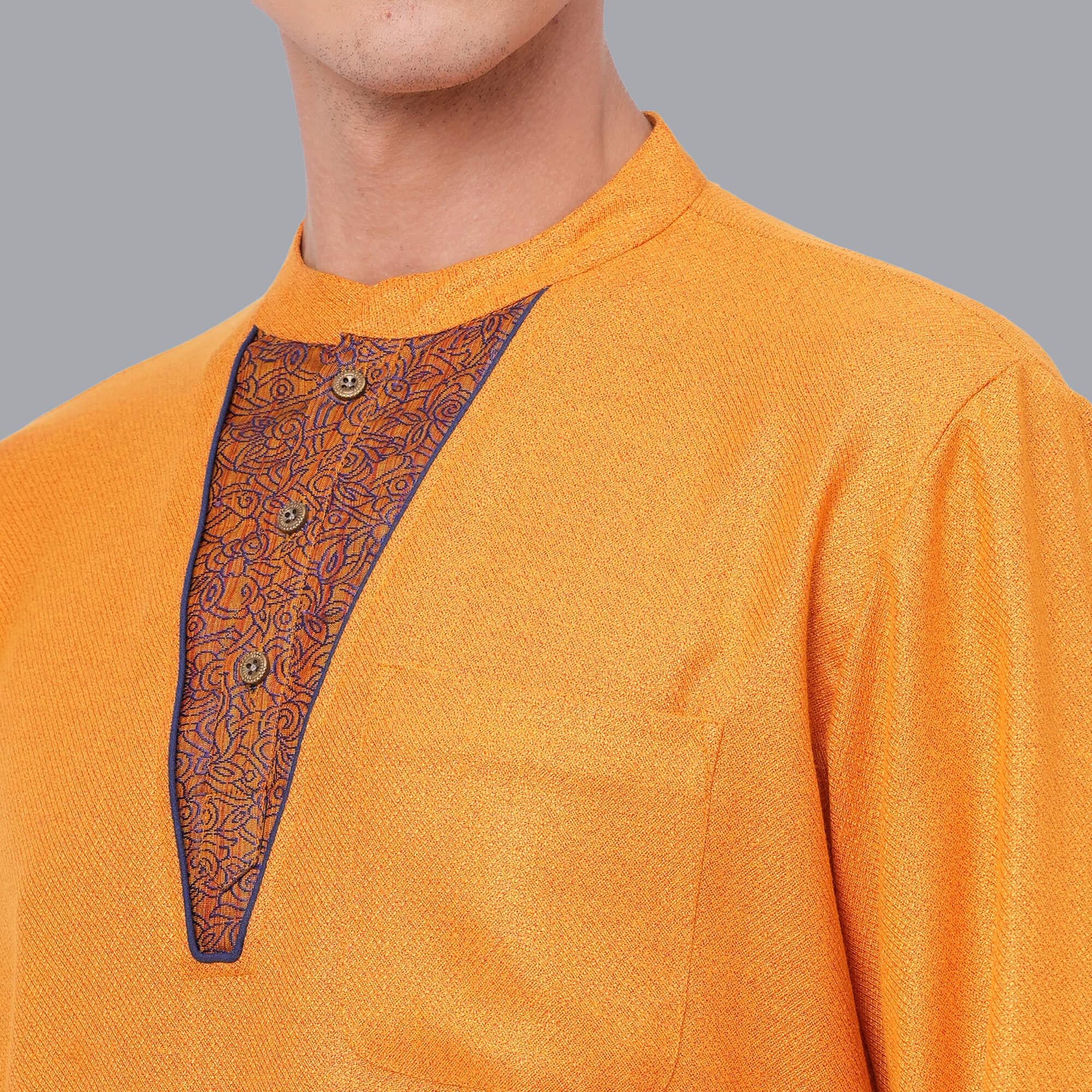 Golden yellow color soft feel poly cotton texture yoke men short kurta - Image 3