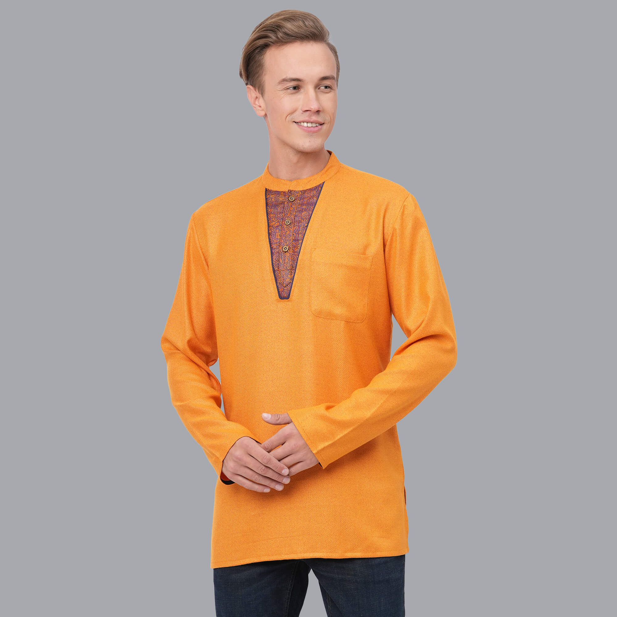 Golden yellow color soft feel poly cotton texture yoke men short kurta - Image 4