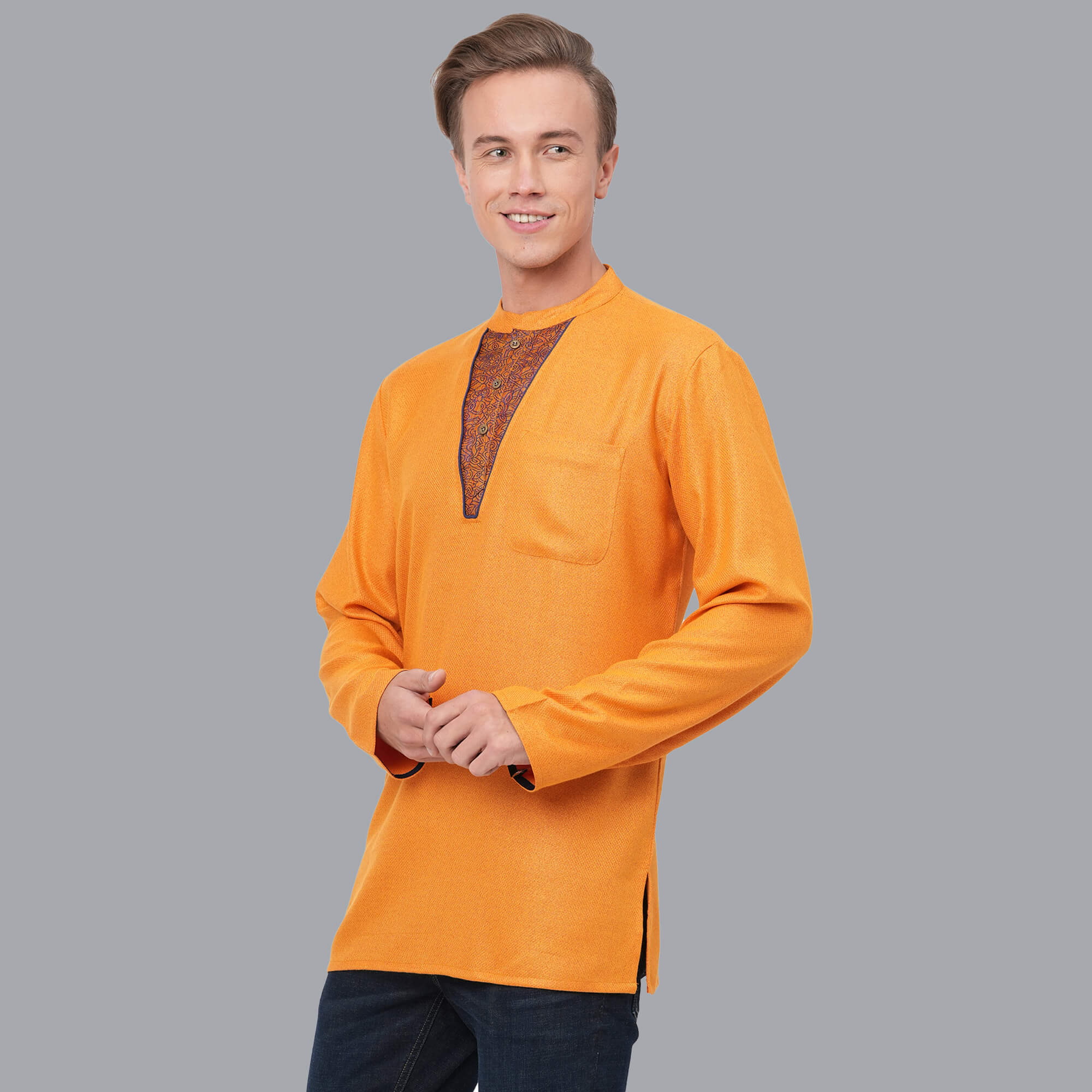 Golden yellow color soft feel poly cotton texture yoke men short kurta - Image 5
