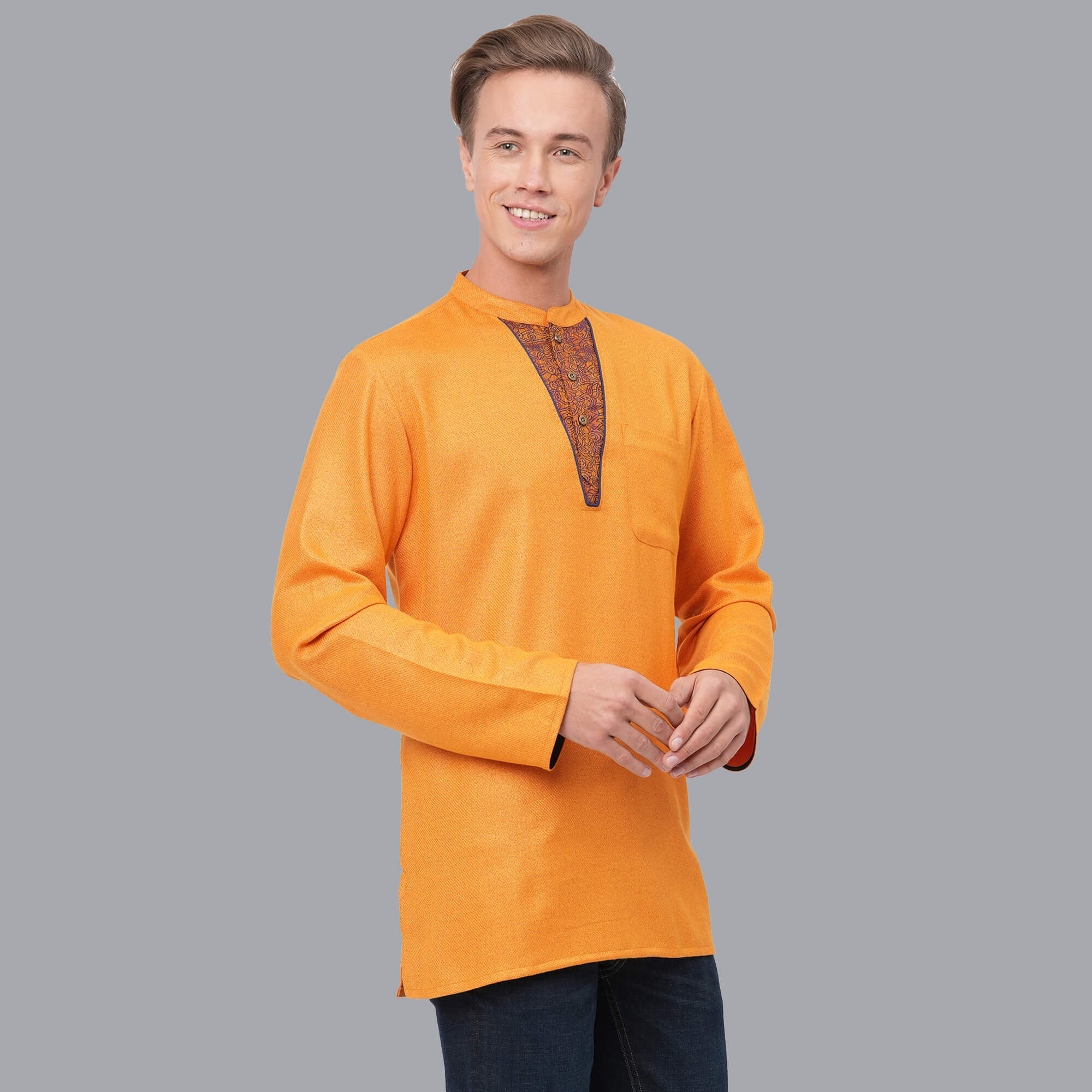 Golden yellow color soft feel poly cotton texture yoke men short kurta - Image 6