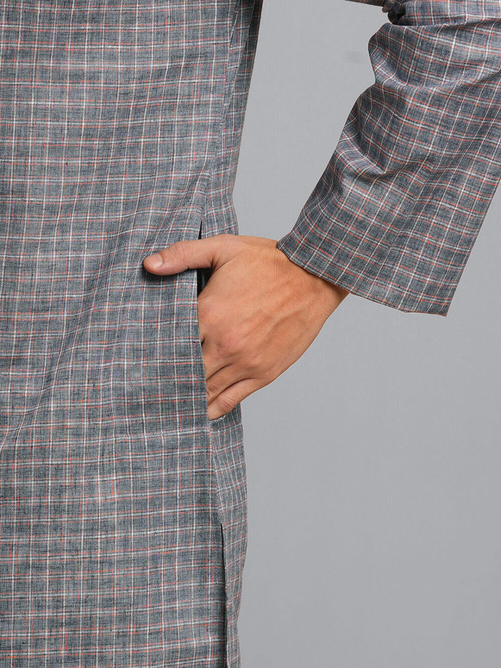 Grey color poly cotton pink embroidery men long kurta - Image 6