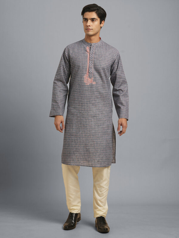 Grey color poly cotton pink embroidery men long kurta