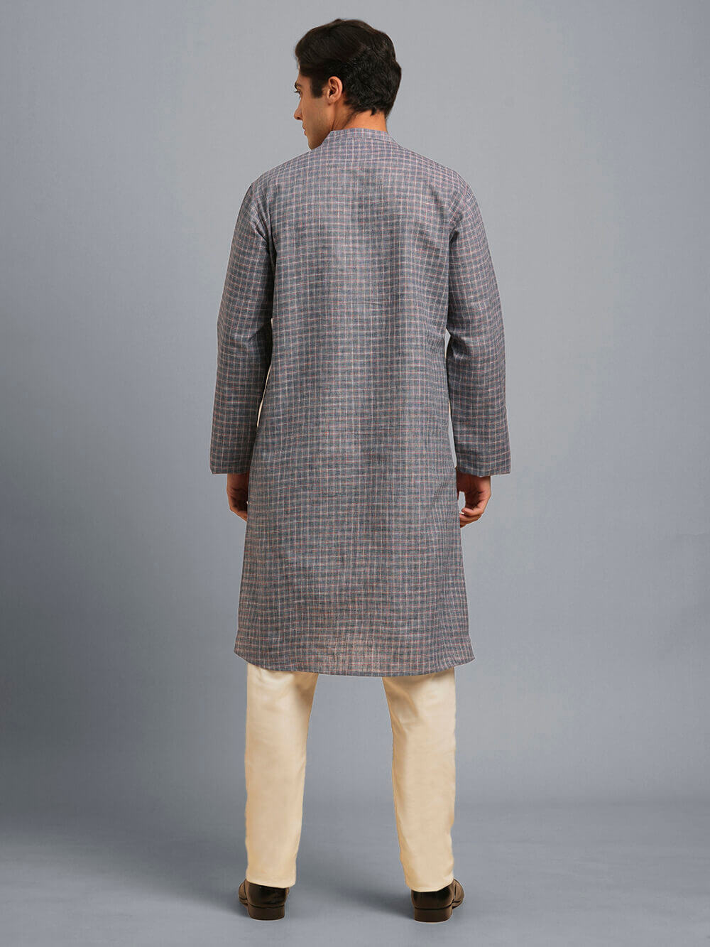 Grey color poly cotton pink embroidery men long kurta - Image 7